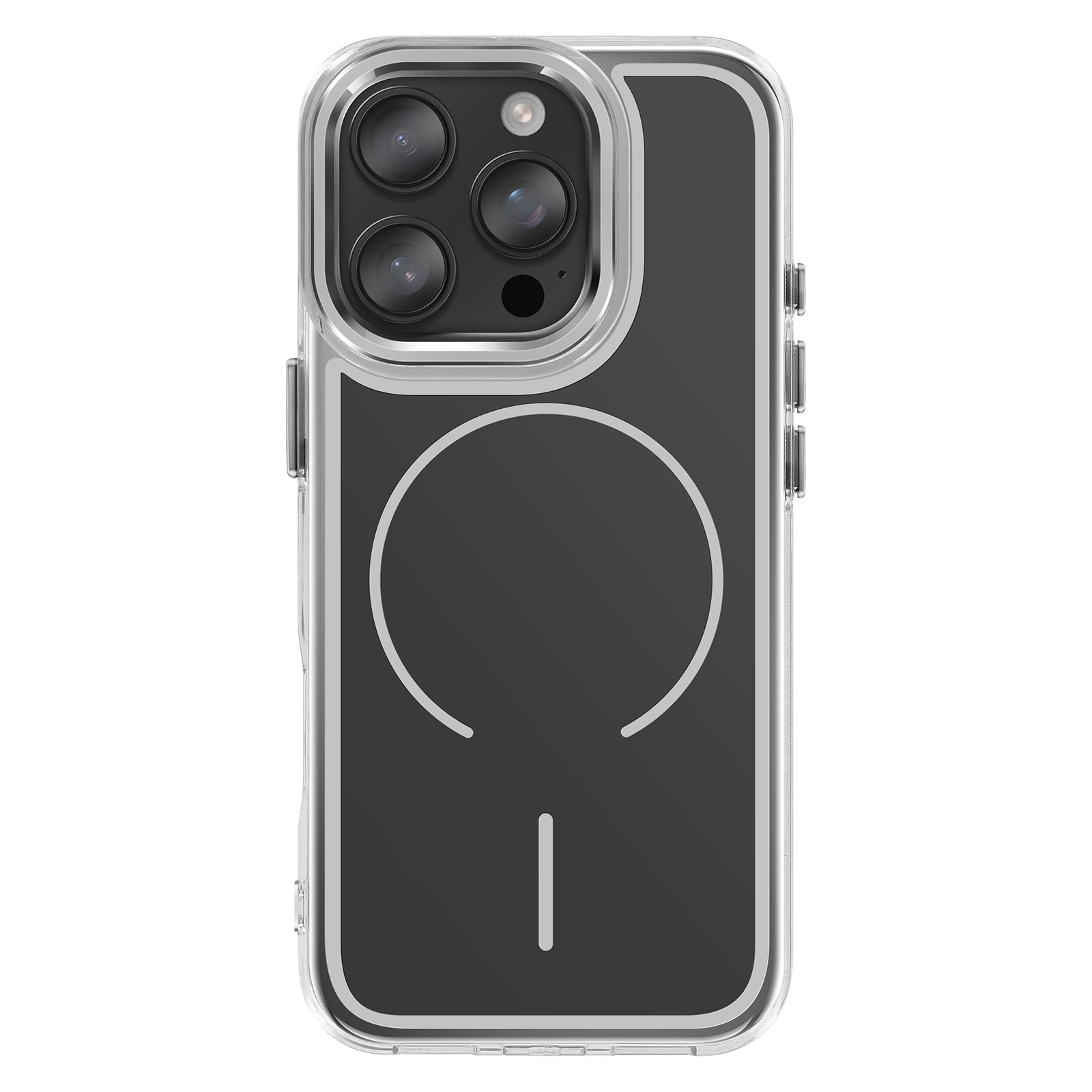 Transparante telefoonhoes met drie cameralenzen en magneetring.