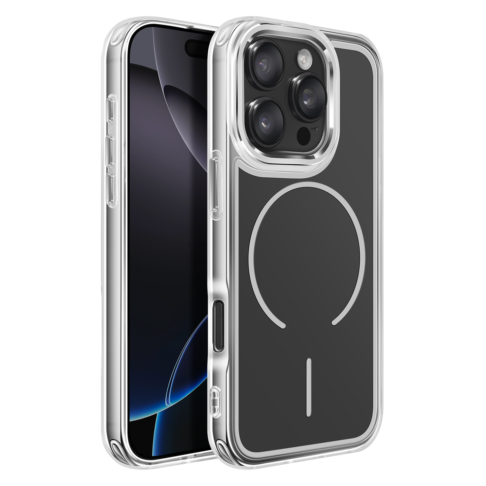 Een doorzichtige telefoonhoes met drie camera's en een magneetring.