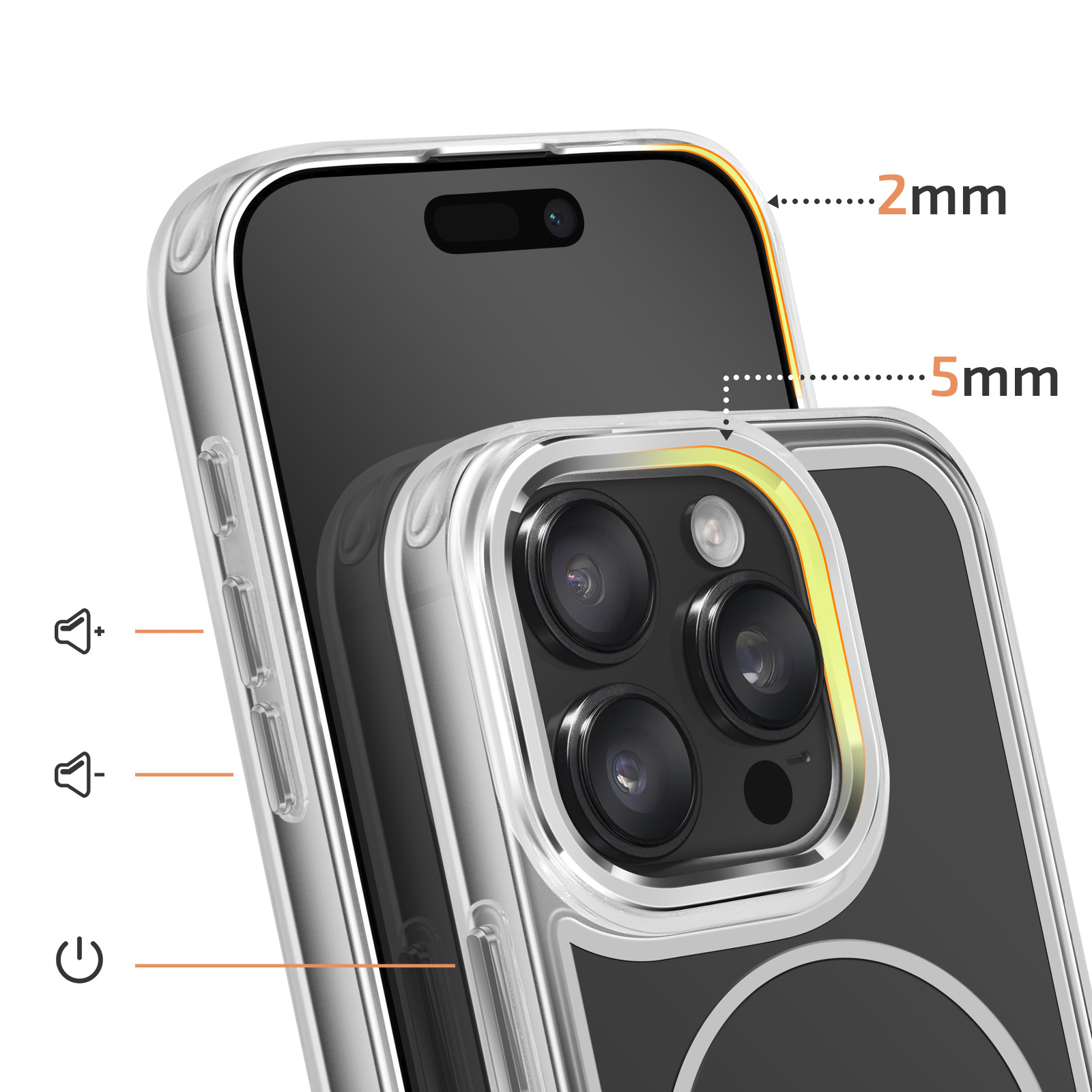 Transparante telefoonhoes met cameradetail, toont 2mm en 5mm maten.