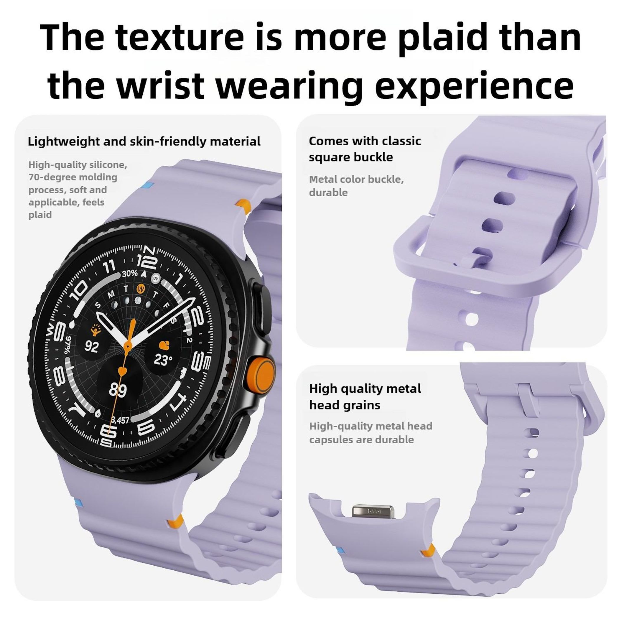 Ein violettes Uhrenarmband mit Schnalle und ein schwarzes Smartwatch-Display.