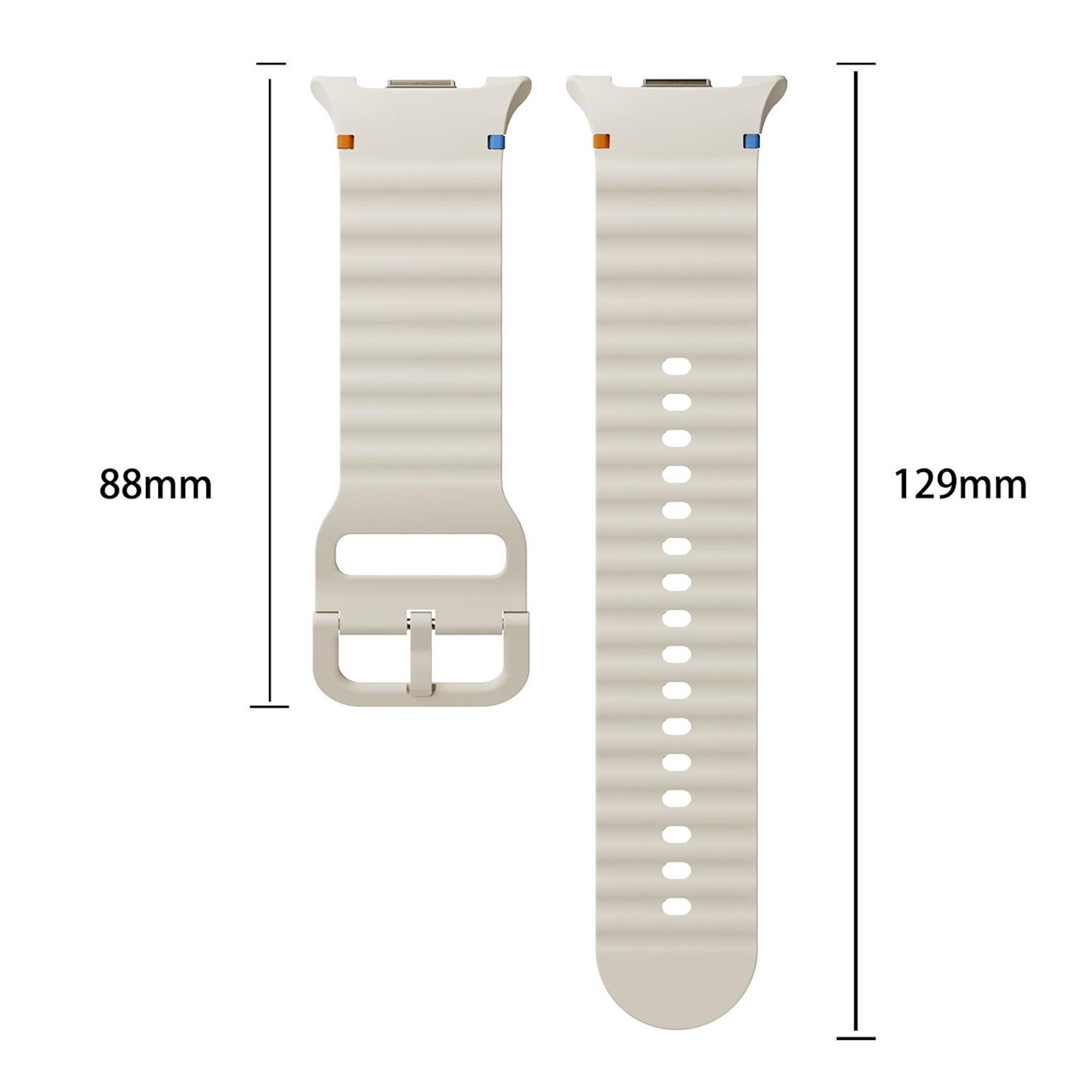 Zwei beige Uhrenarmbänder, eines mit Schnalle, Maße 88mm und 129mm.