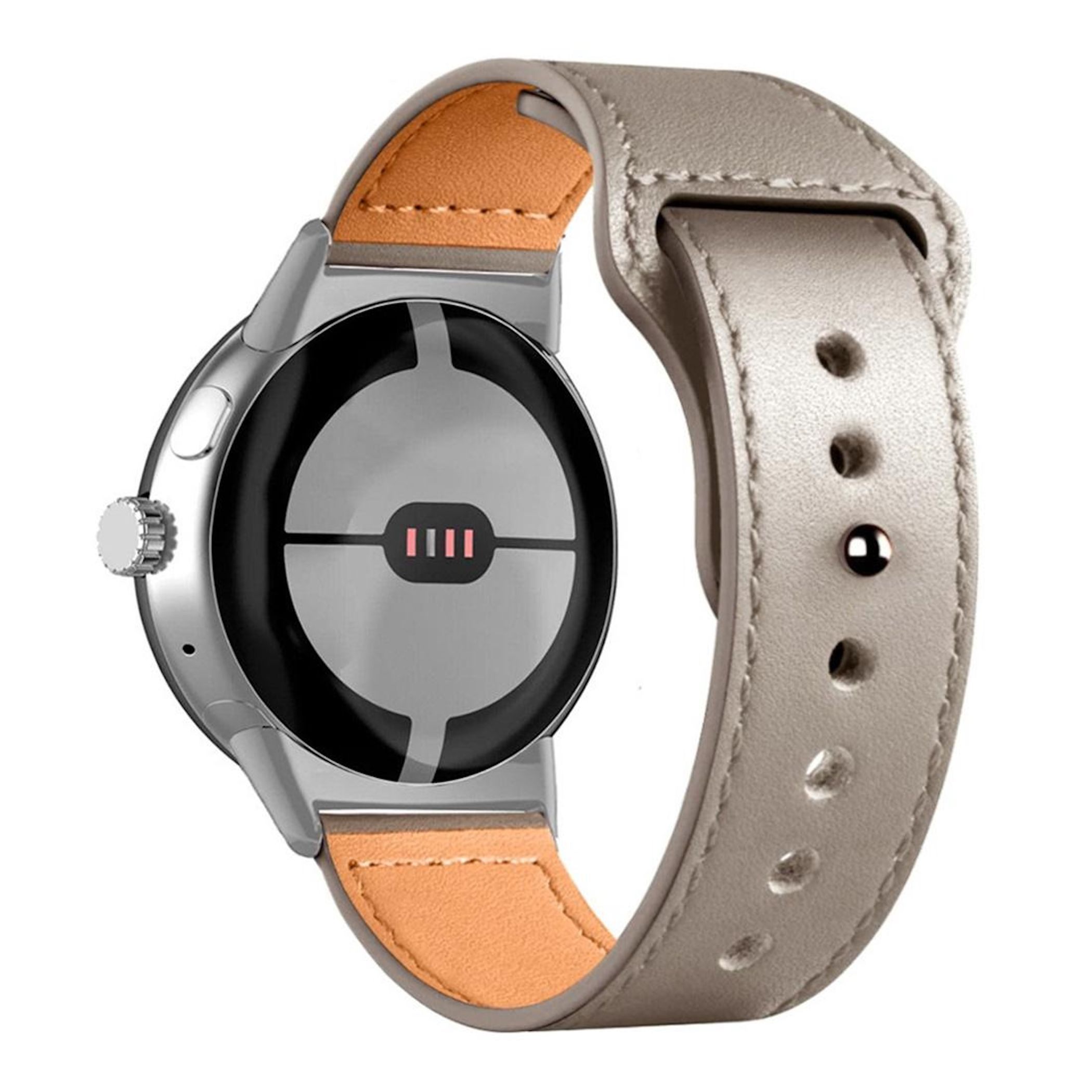 Nahaufnahme einer silbernen Smartwatch mit grauem Lederarmband und braunem Lederfutter.