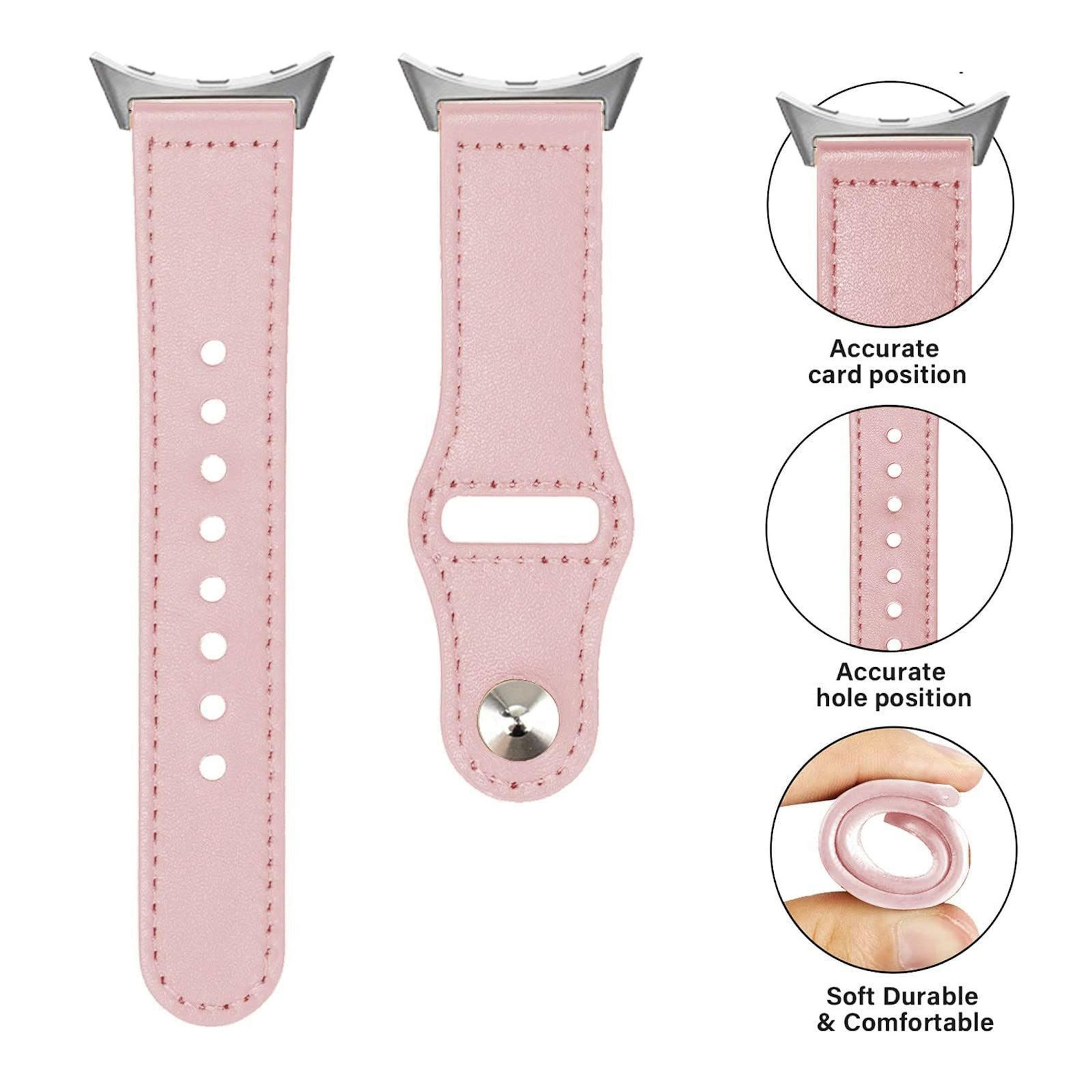 Ein rosa Uhrenarmband aus Leder mit silbernen Anschlüssen und gestickten Kanten.