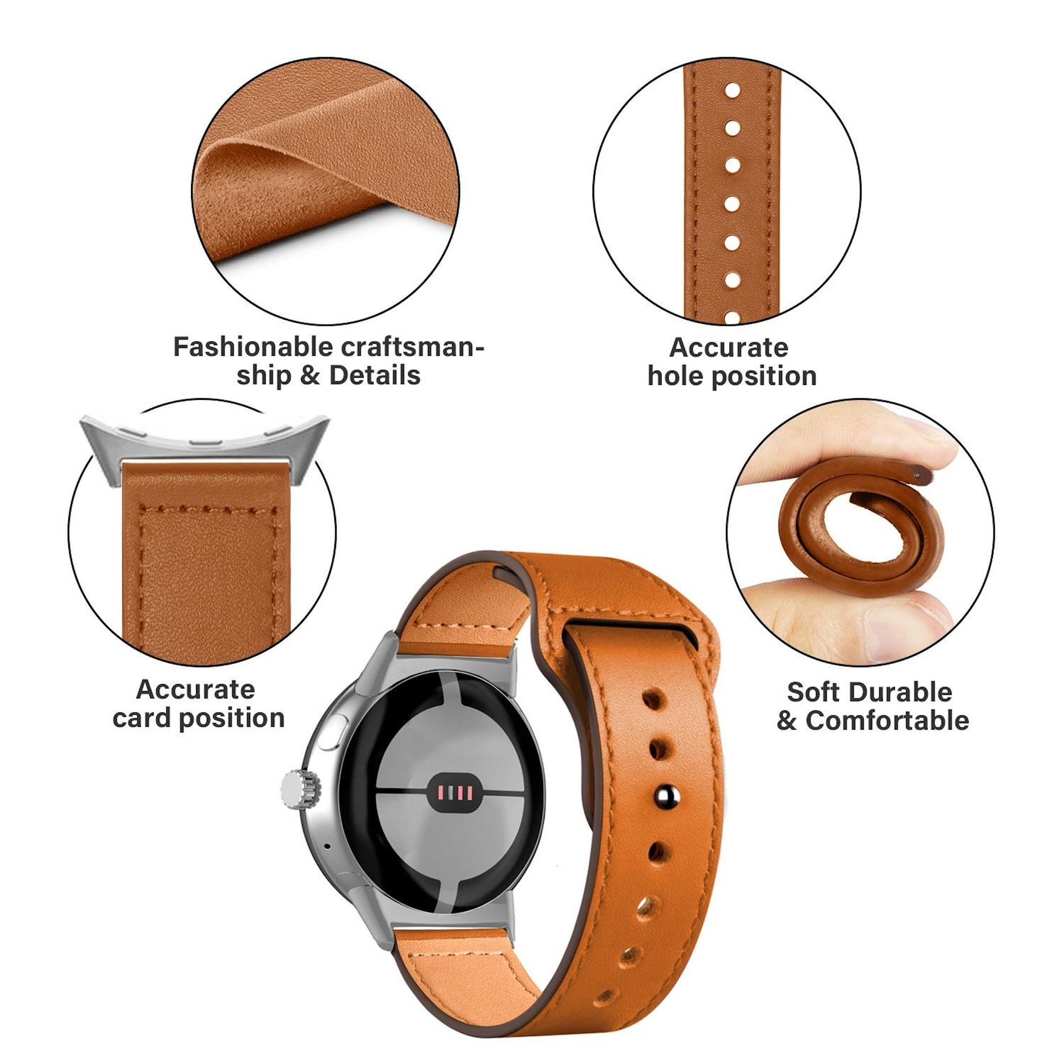 Braunes Lederarmband mit silbernem Smartwatch-Gehäuse und Details.