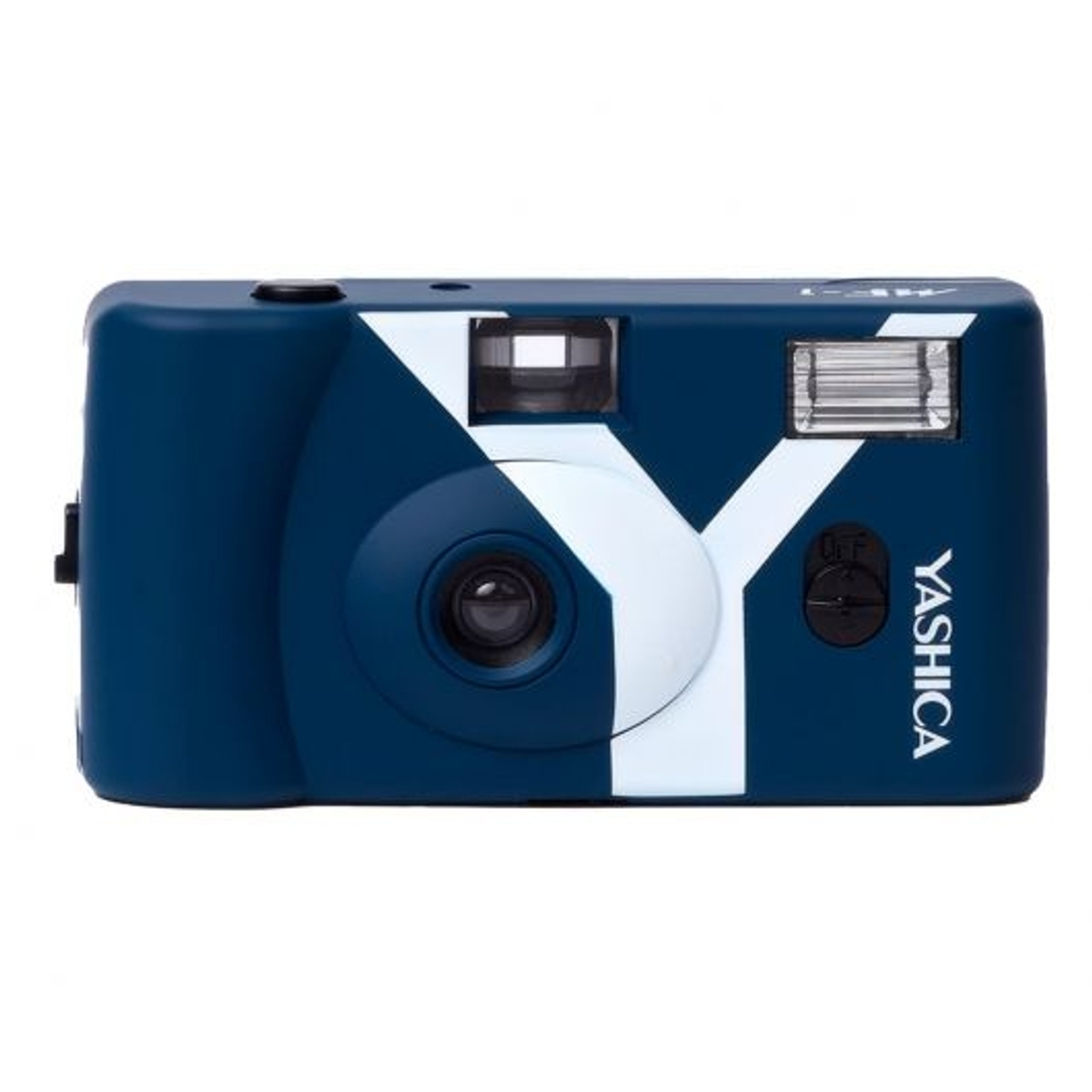 Una fotocamera Yashica blu con logo Y bianco e flash.