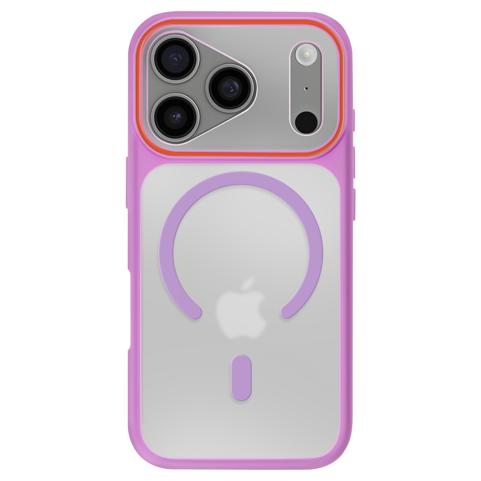 Coque iPhone violette dos transparent, trois caméras et bordure orange.