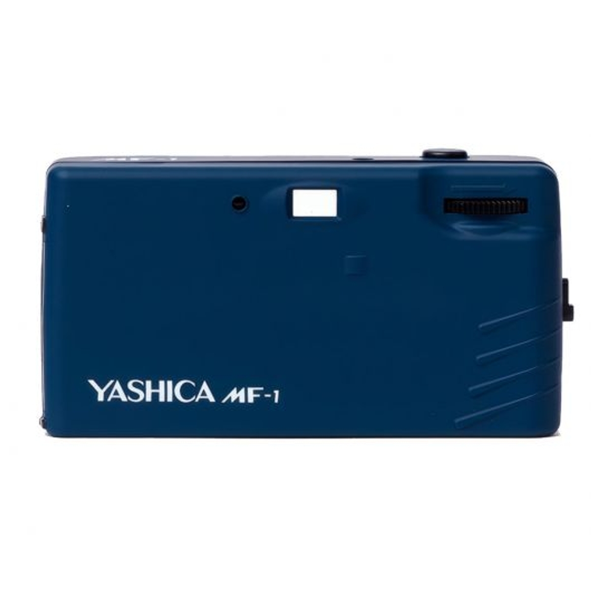 Macchina fotografica Yashica MF-1 blu scuro vista posteriore con manopola.