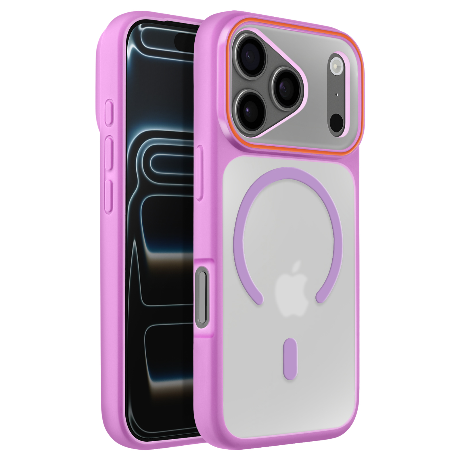 Une coque de téléphone violette avec dos transparent et anneau MagSafe.