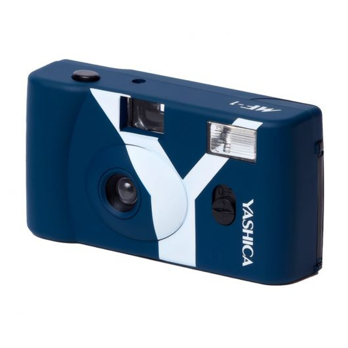 Fotocamera blu scuro con logo Y bianco e scritta Yashica.