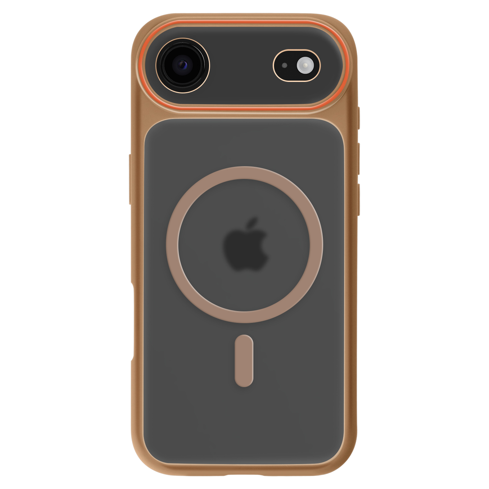 Gouden telefoonhoes met zwarte achterkant, camera en Apple-logo.