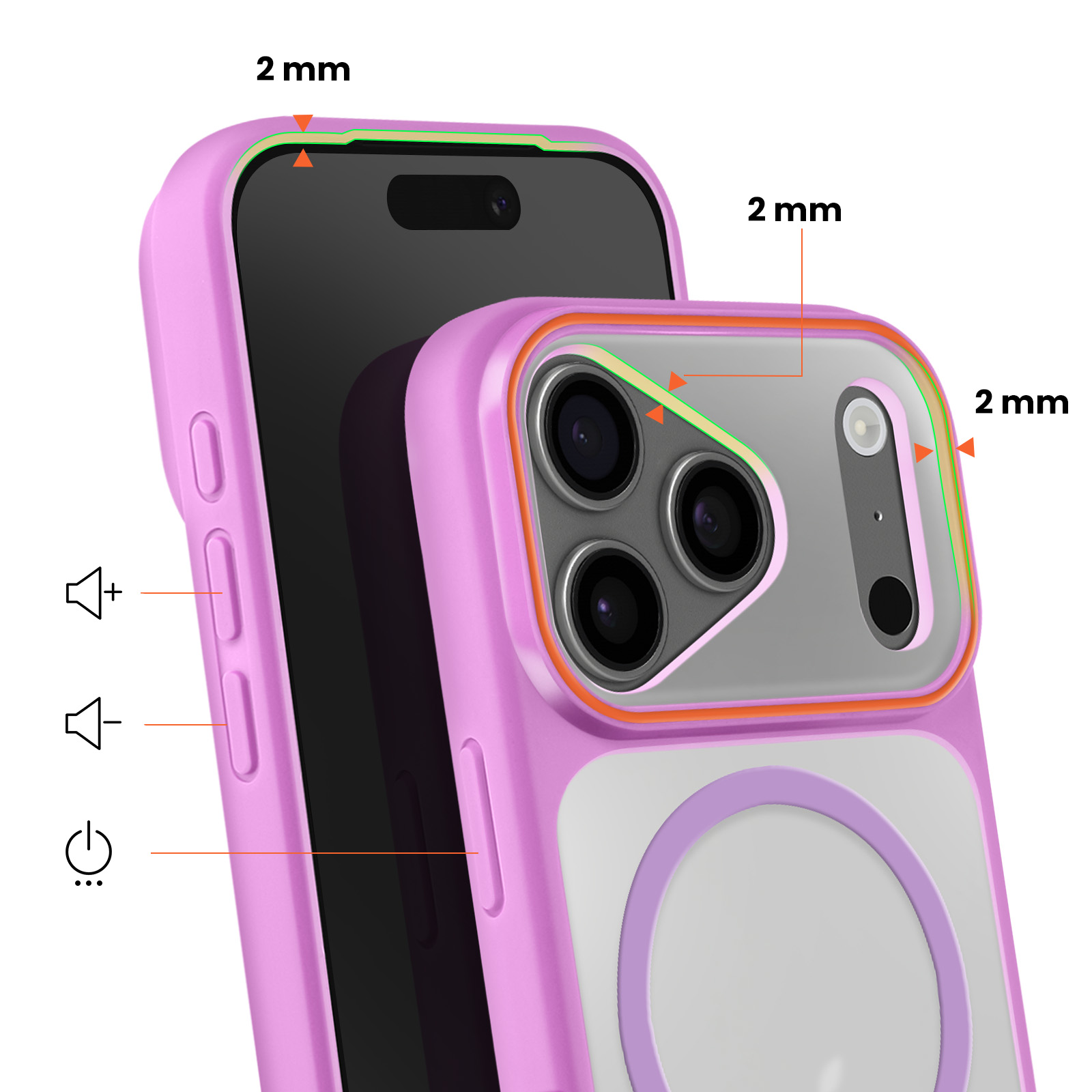 Une coque de téléphone rose montrant les détails de la caméra et de l'écran.