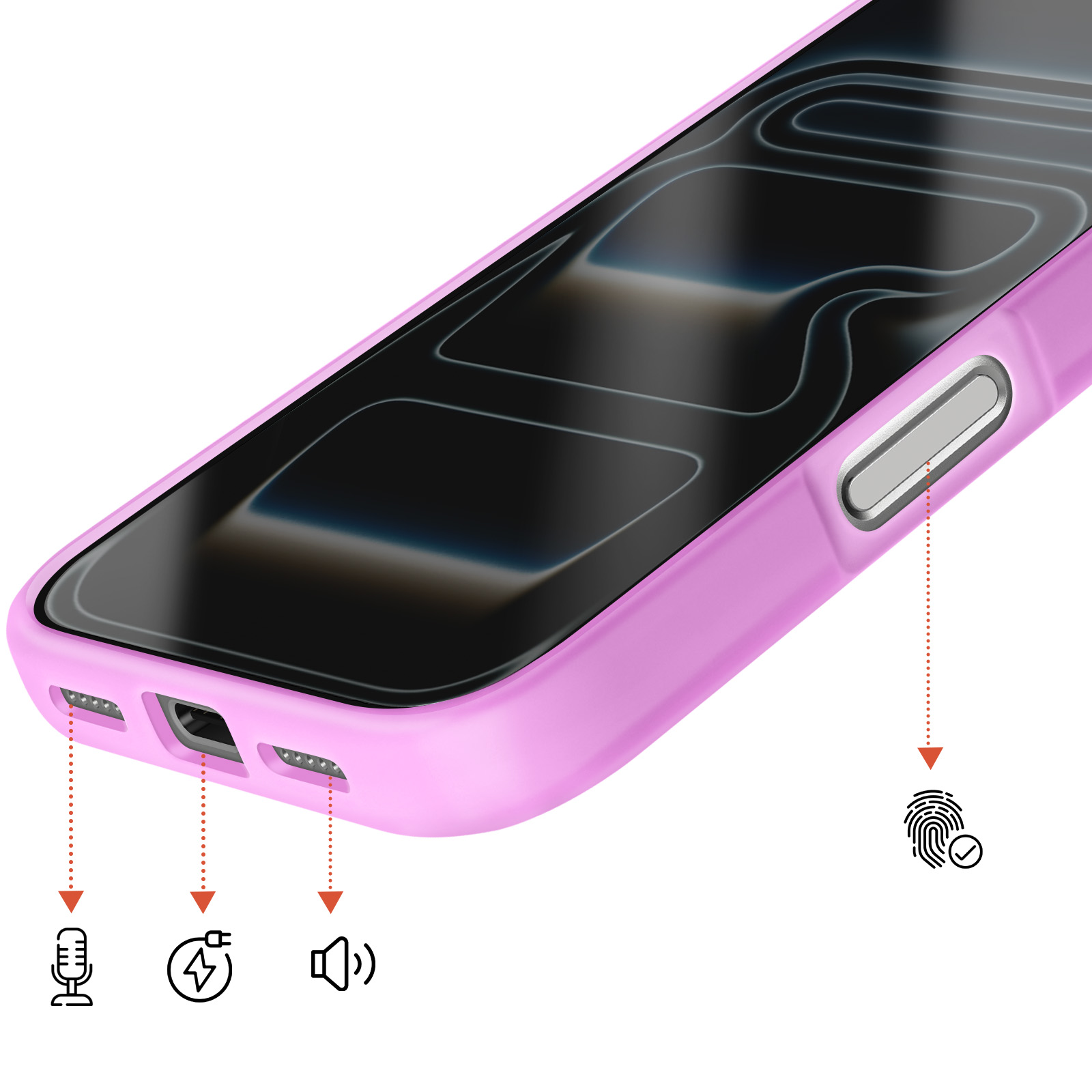 Coque de téléphone violette montrant les icônes micro, charge et haut-parleur.