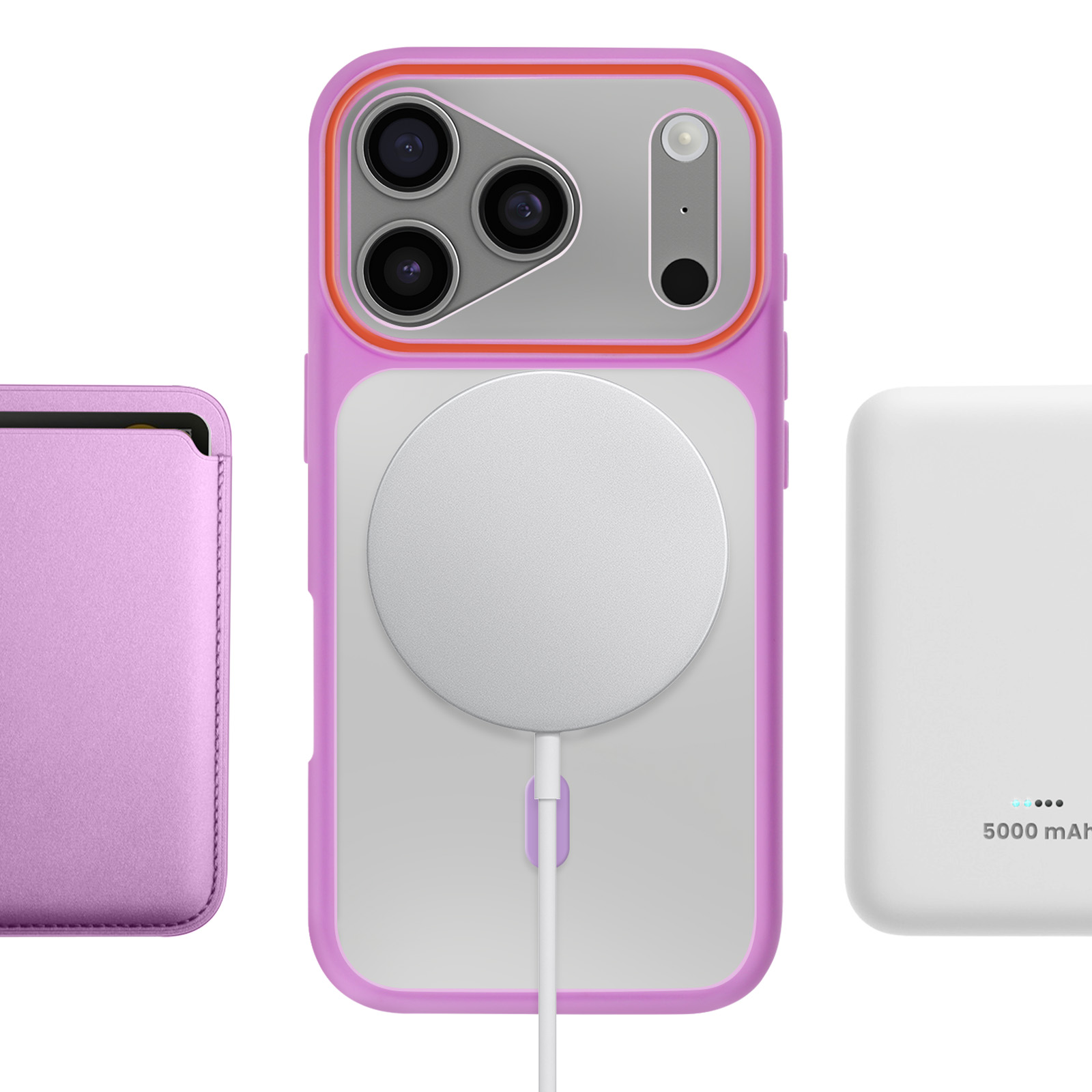 Étui violet, cercle de chargement et batterie externe blanche sur fond blanc.