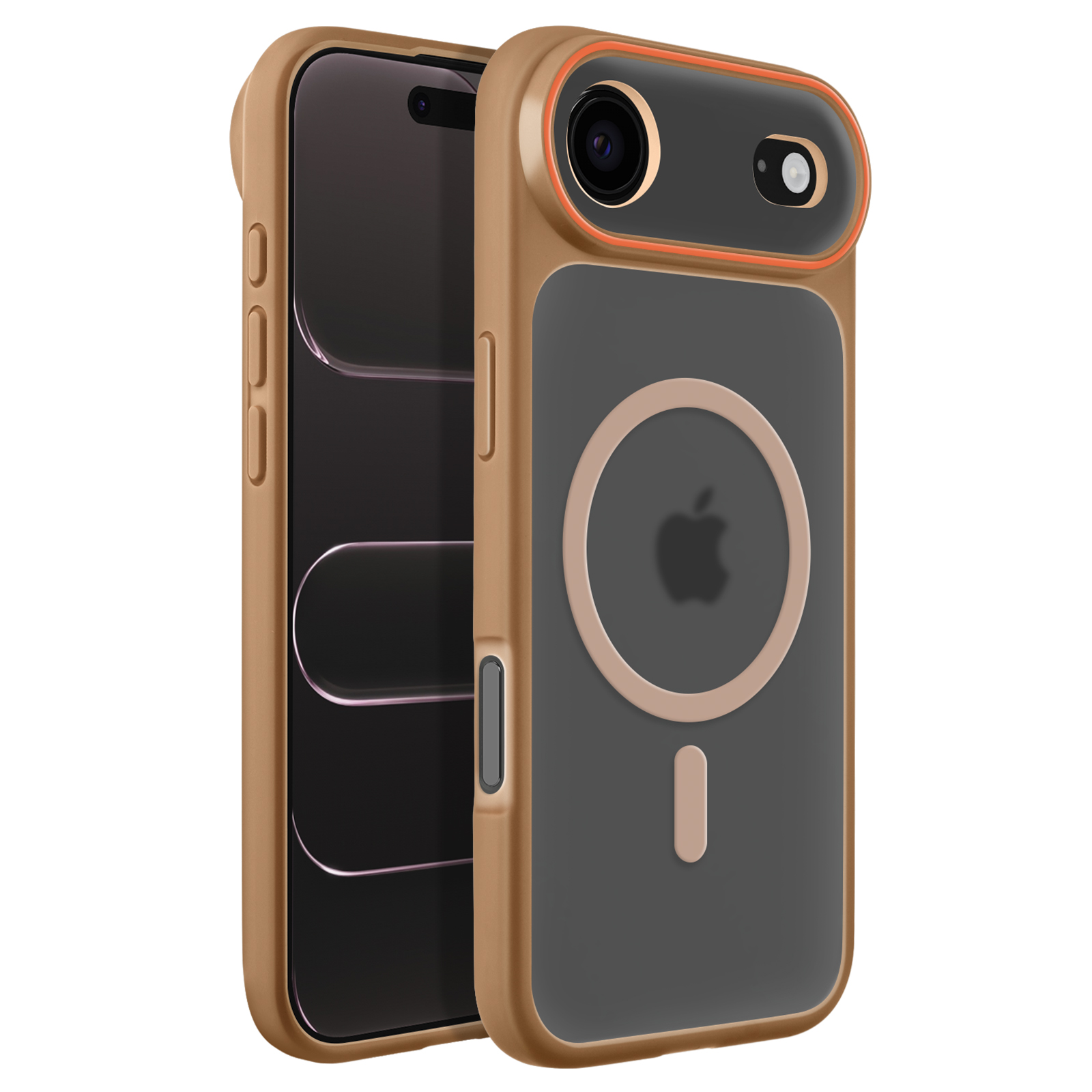 Een gouden telefoonhoesje met zwarte achterkant en Apple-logo.