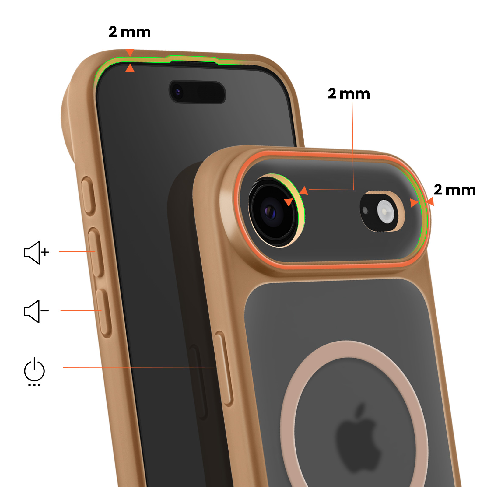 Een goudbruine telefoonhoes met 2 mm verhoogde randen.