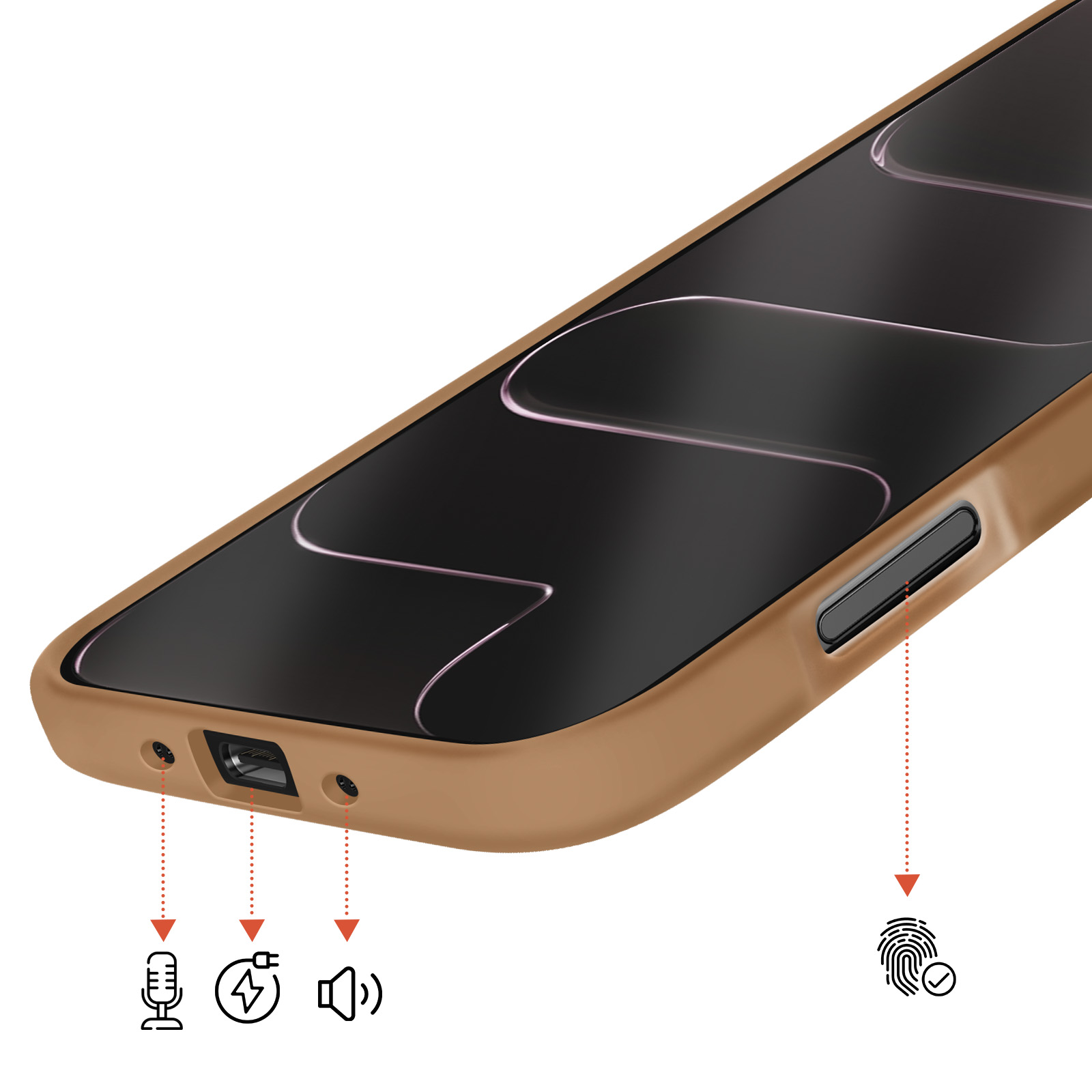 Telefoon met bruine hoes, USB-poort, microfoon, opladen en luidspreker pictogrammen.