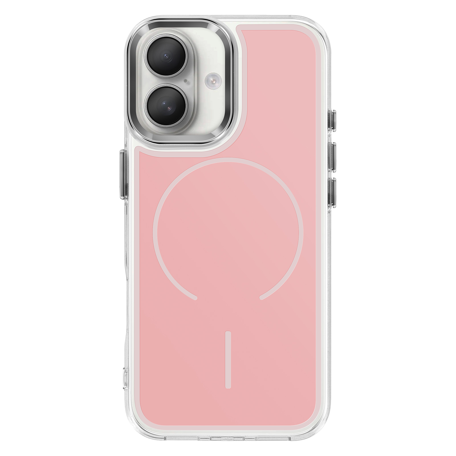 Een roze telefoonhoes met twee camera's en zilveren knoppen.