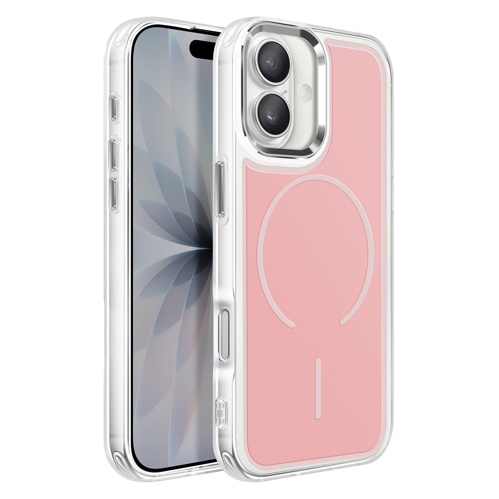Een roze iPhone hoesje met doorzichtige zijkanten en dubbele camera.