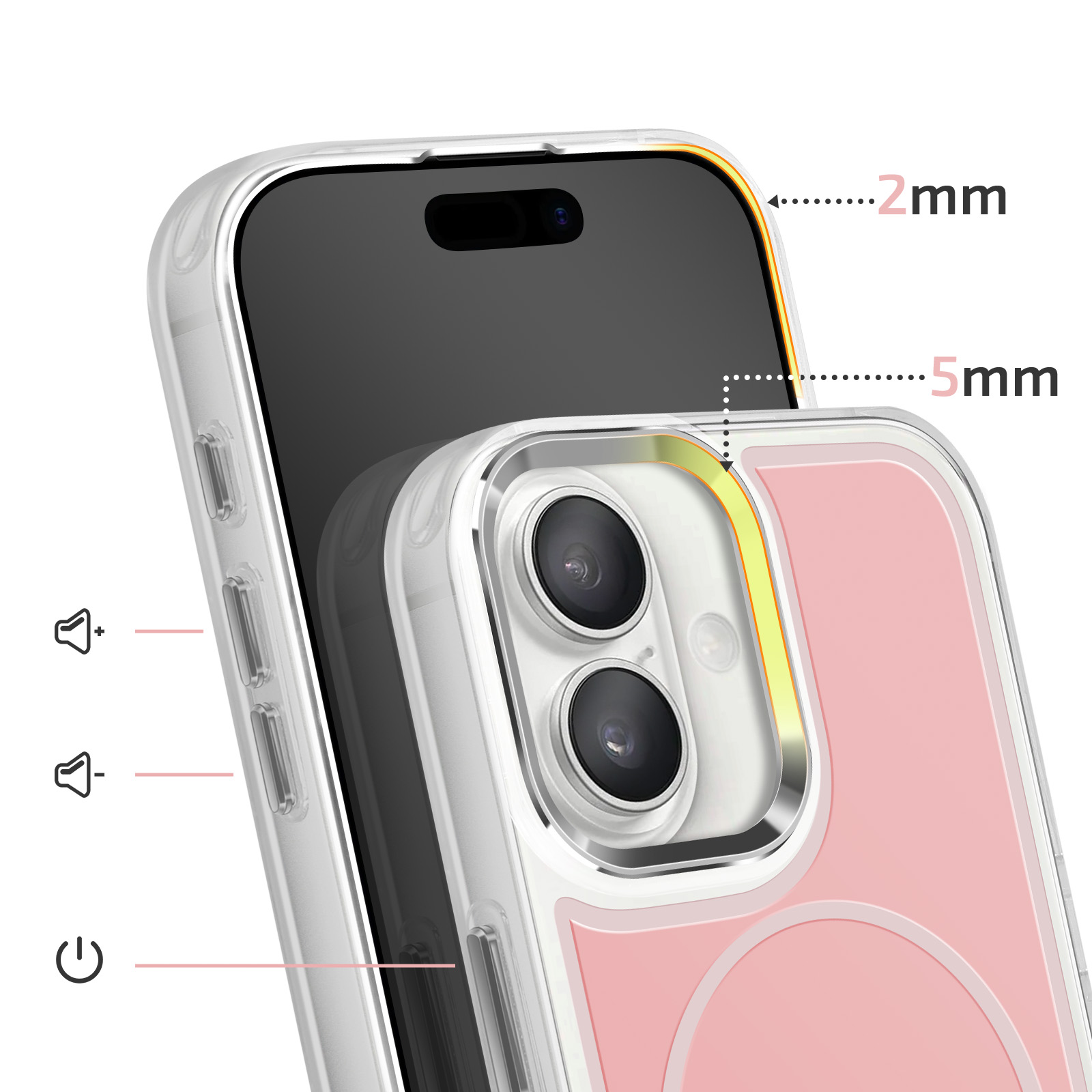 Close-up van een doorzichtige telefoonhoes met roze achterkant en camera-unit.
