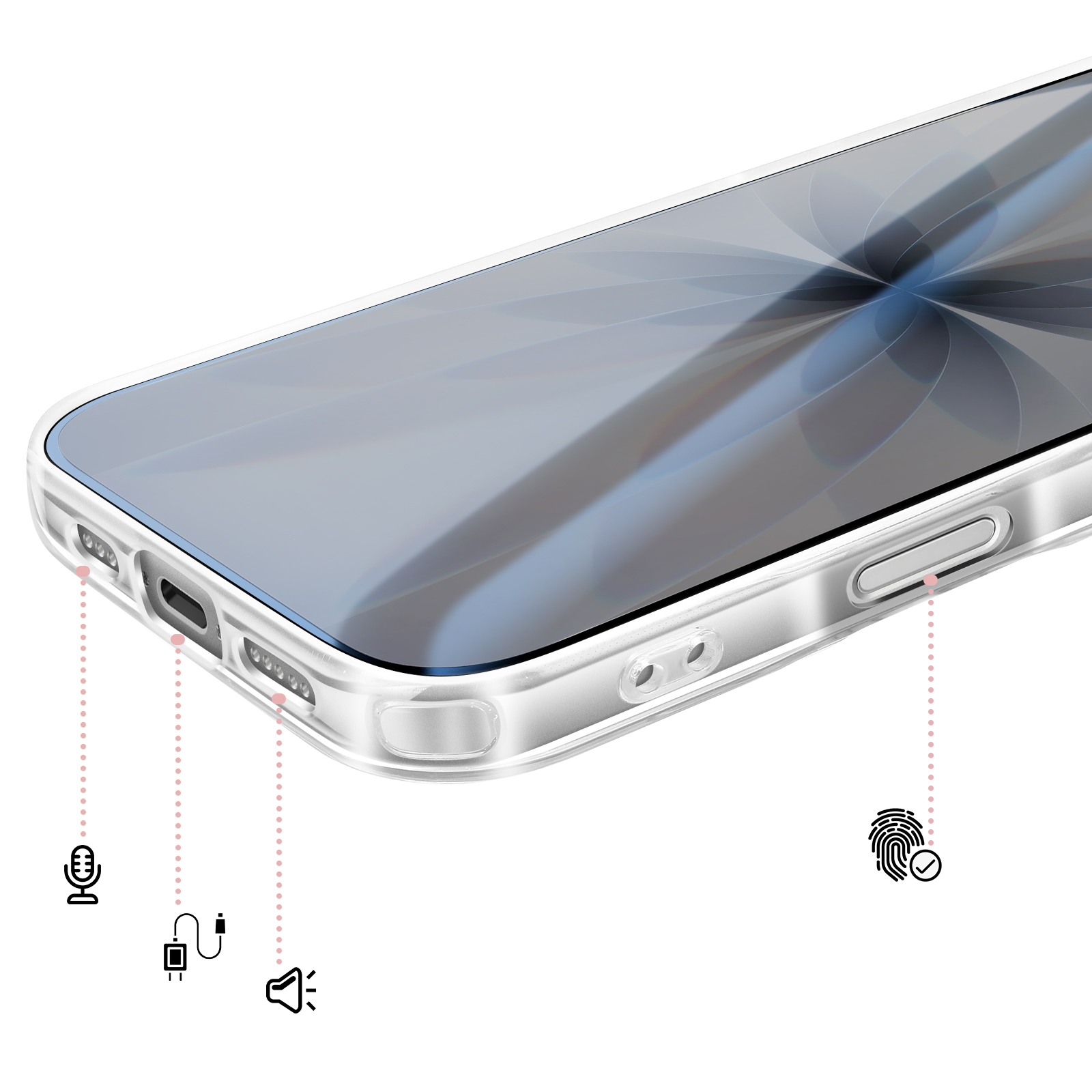 Transparante telefoonhoes met zichtbare poorten: microfoon, opladen, luidspreker, vingerafdruk.