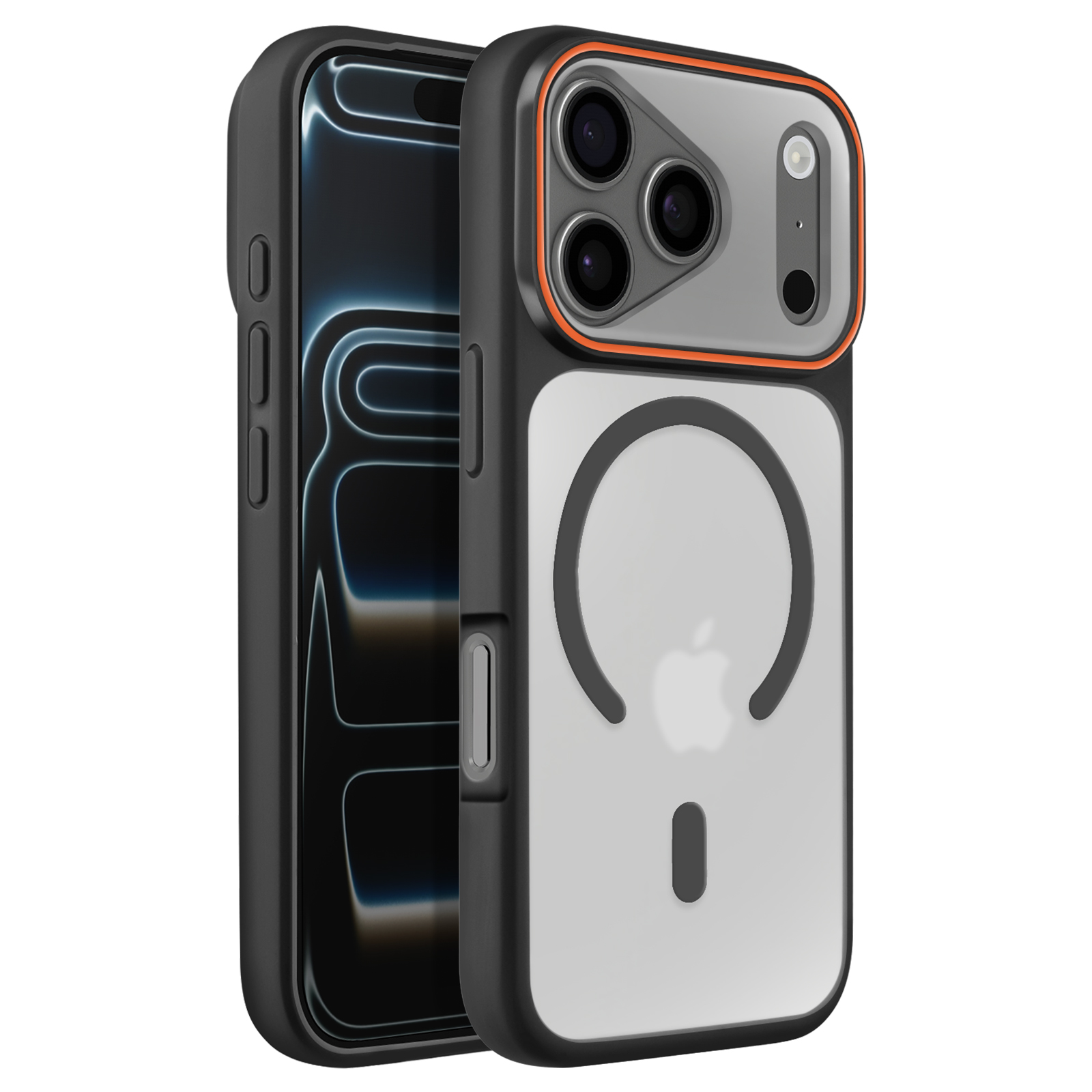 Zwarte iPhone met oranje rand en zichtbare camera aan de achterkant.