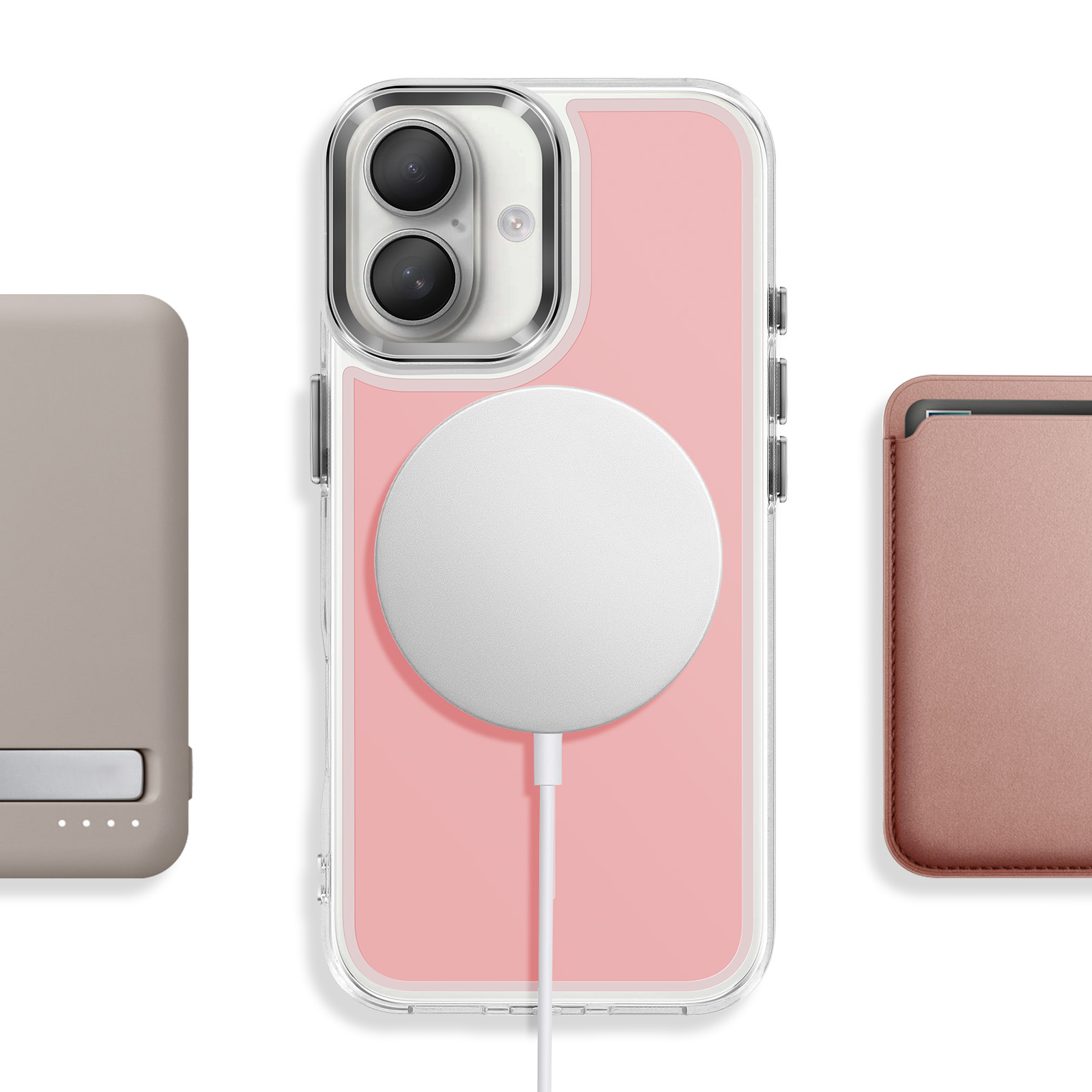 Een roze iPhone met MagSafe-oplader, grijze hoes links, roze hoes rechts.