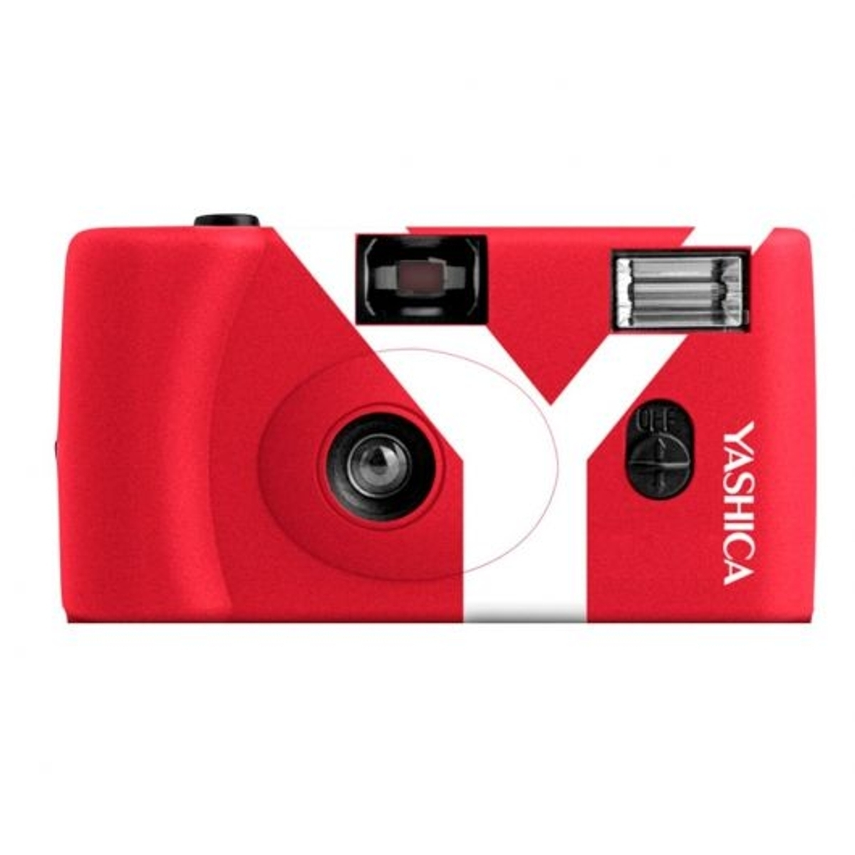 Una fotocamera usa e getta rossa con logo Y bianco, obiettivo e flash.