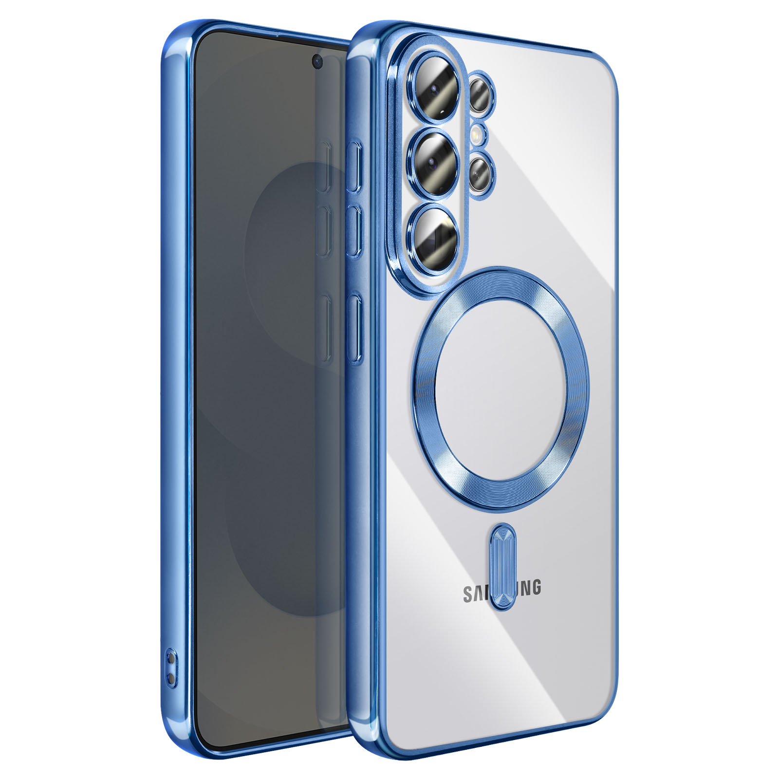 Une coque de téléphone transparente avec bordure bleue et objectifs.