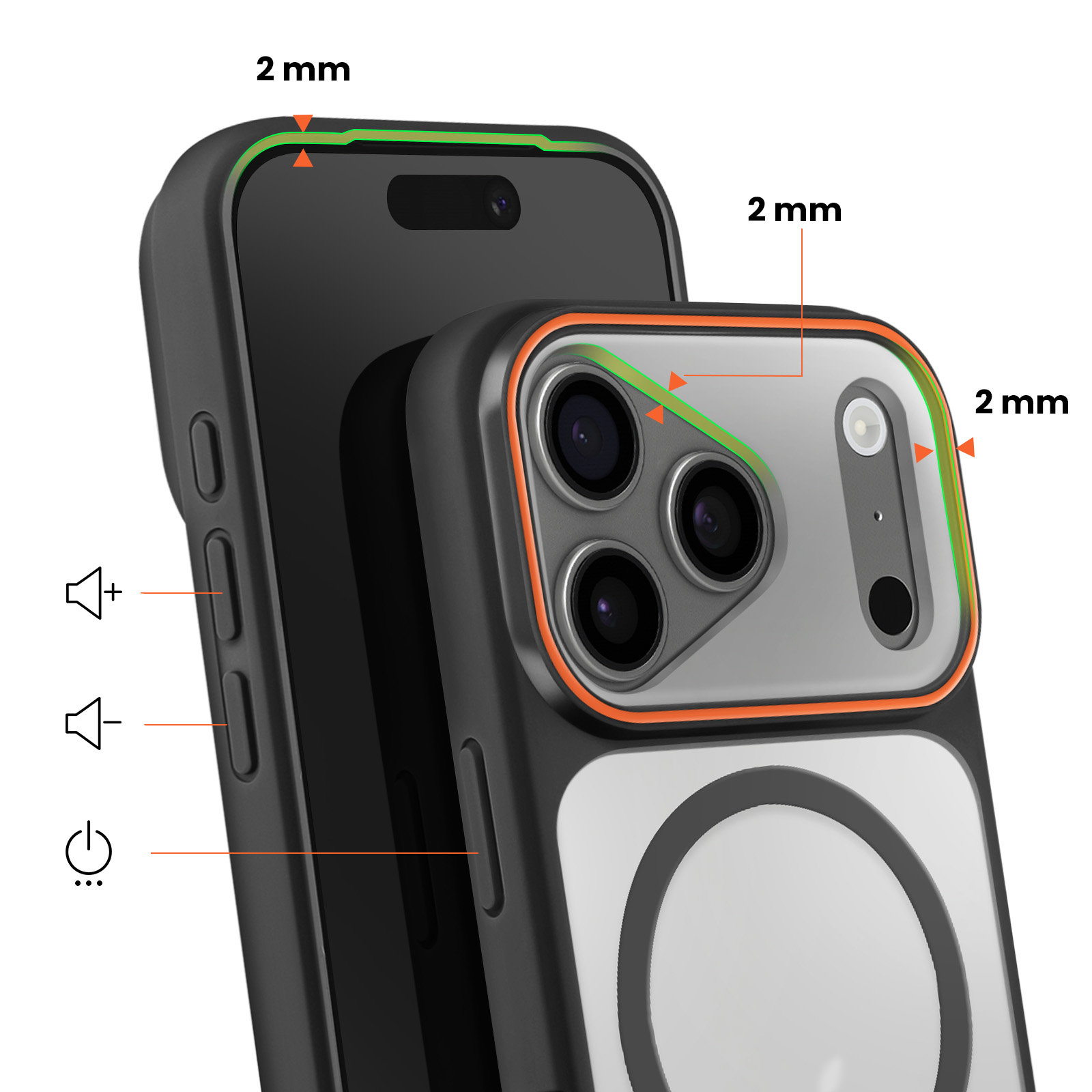 Zwarte telefoonhoes met 2 mm rand, camera-uitsparing en oplaadcirkel.