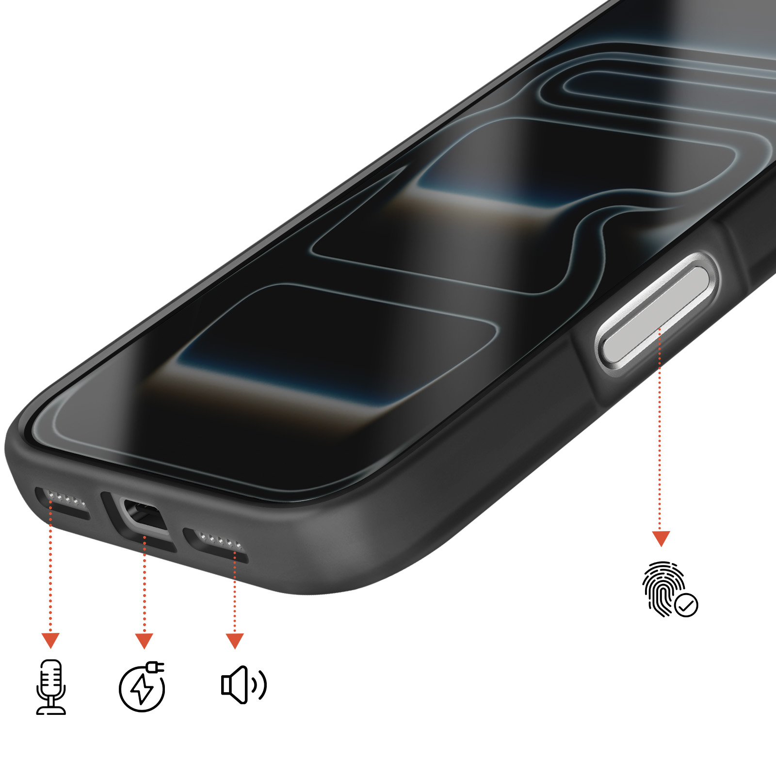 Zwart telefoonhoesje met pictogrammen voor microfoon, opladen, luidspreker & vingerafdruk.