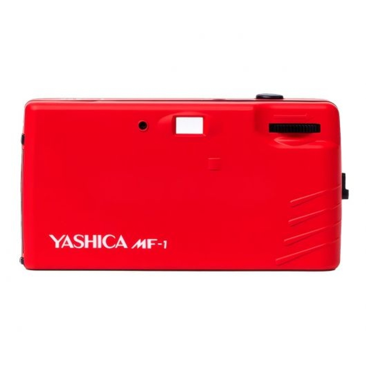 Una fotocamera Yashica MF-1 rossa con rotella e mirino.