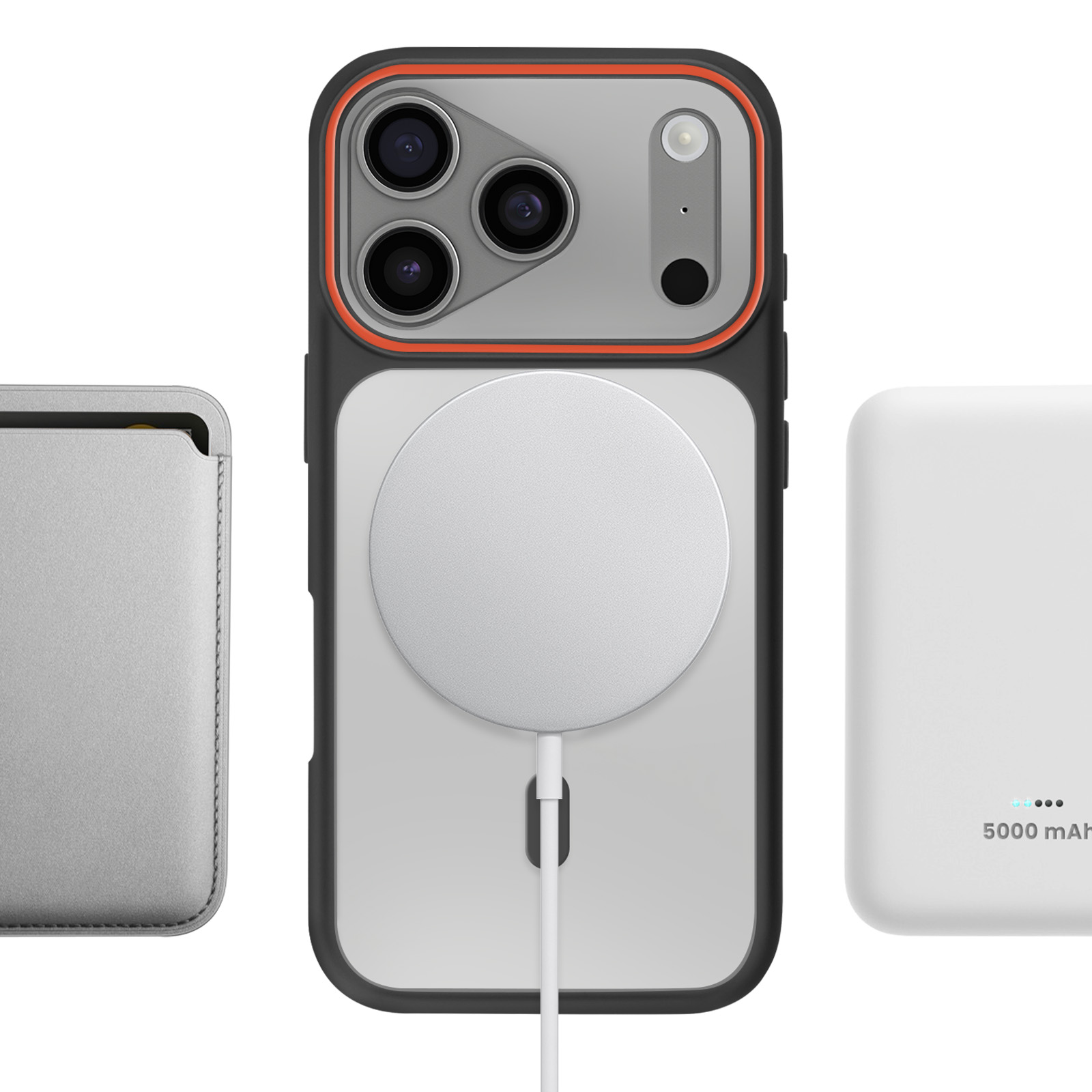 Een smartphone in hoesje, met oplaadpad en powerbank op wit.