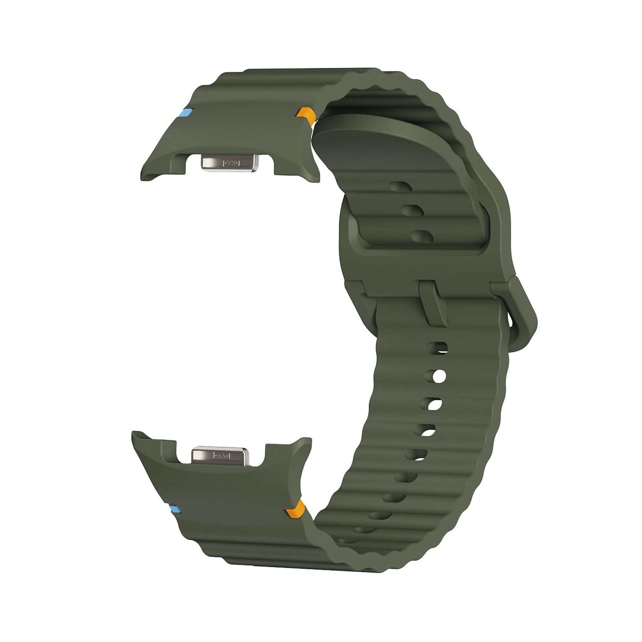 Dunkelgrünes, geripptes Uhrenarmband aus Gummi mit silbernen Anschlüssen.