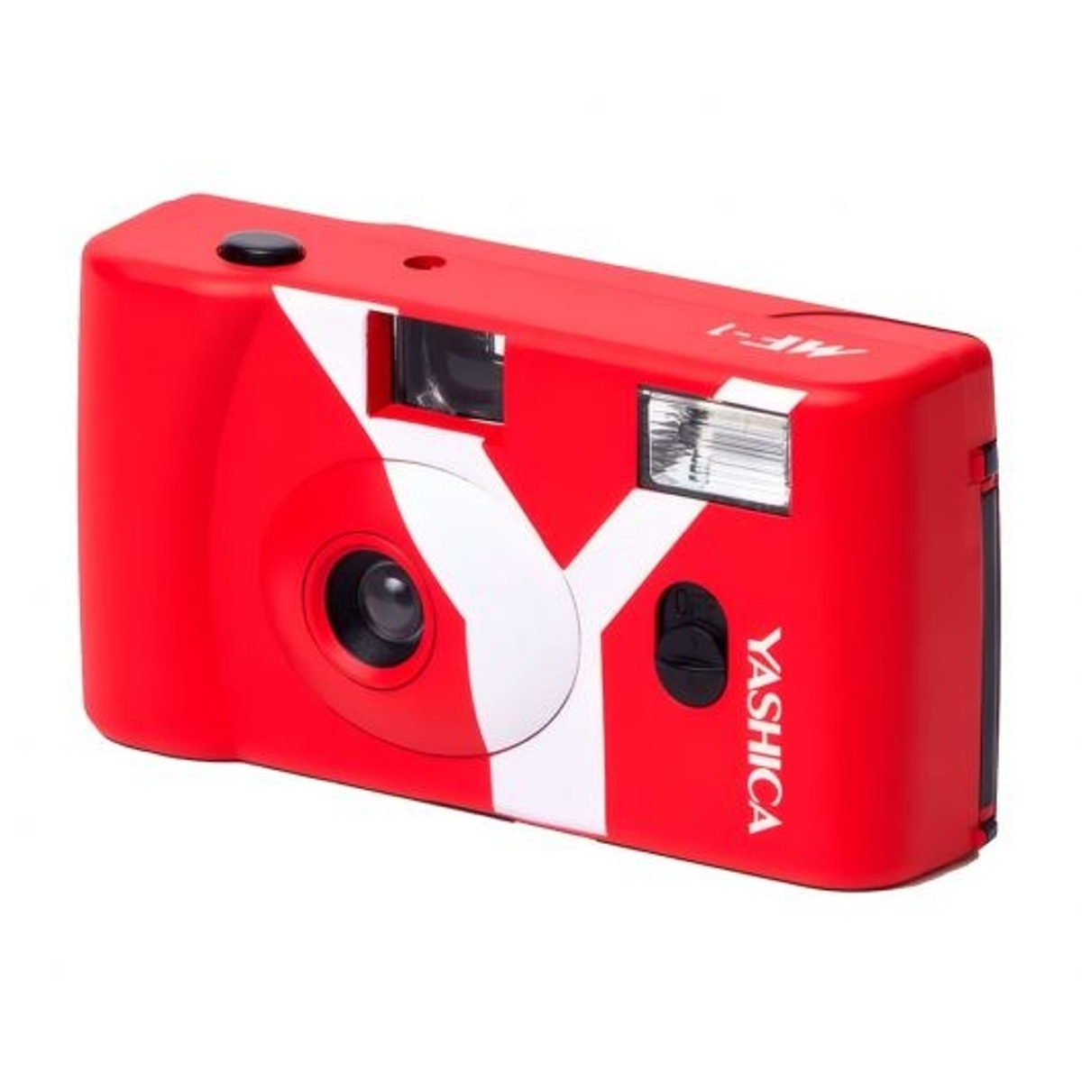 Una fotocamera Yashica MF-1 rossa con logo Y bianco e flash.