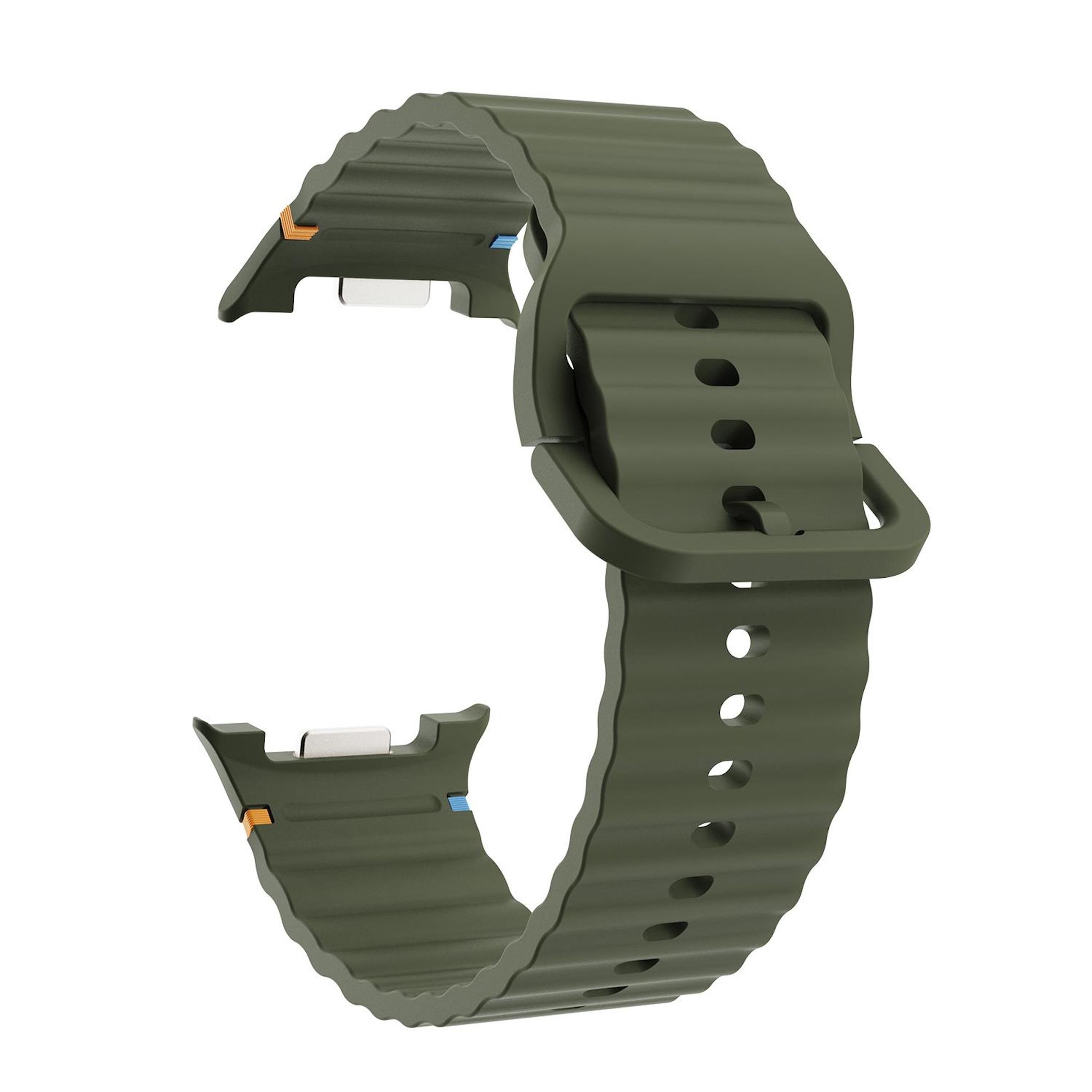 Grünes, geripptes Uhrenarmband mit Schnalle und silbernen Anschlüssen.