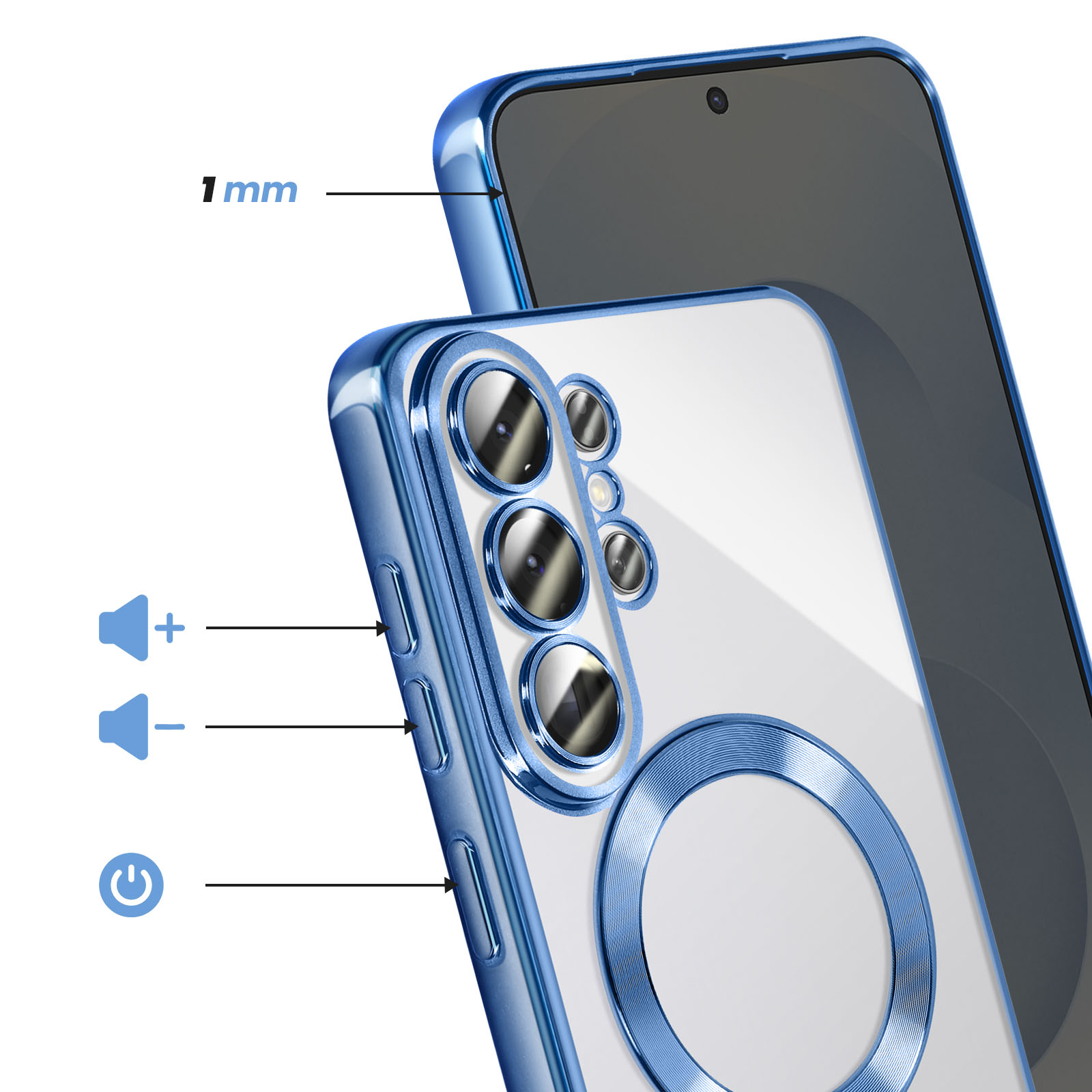 Une coque de téléphone bleue avec trois caméras et un anneau. Icônes de volume et d'alimentation.