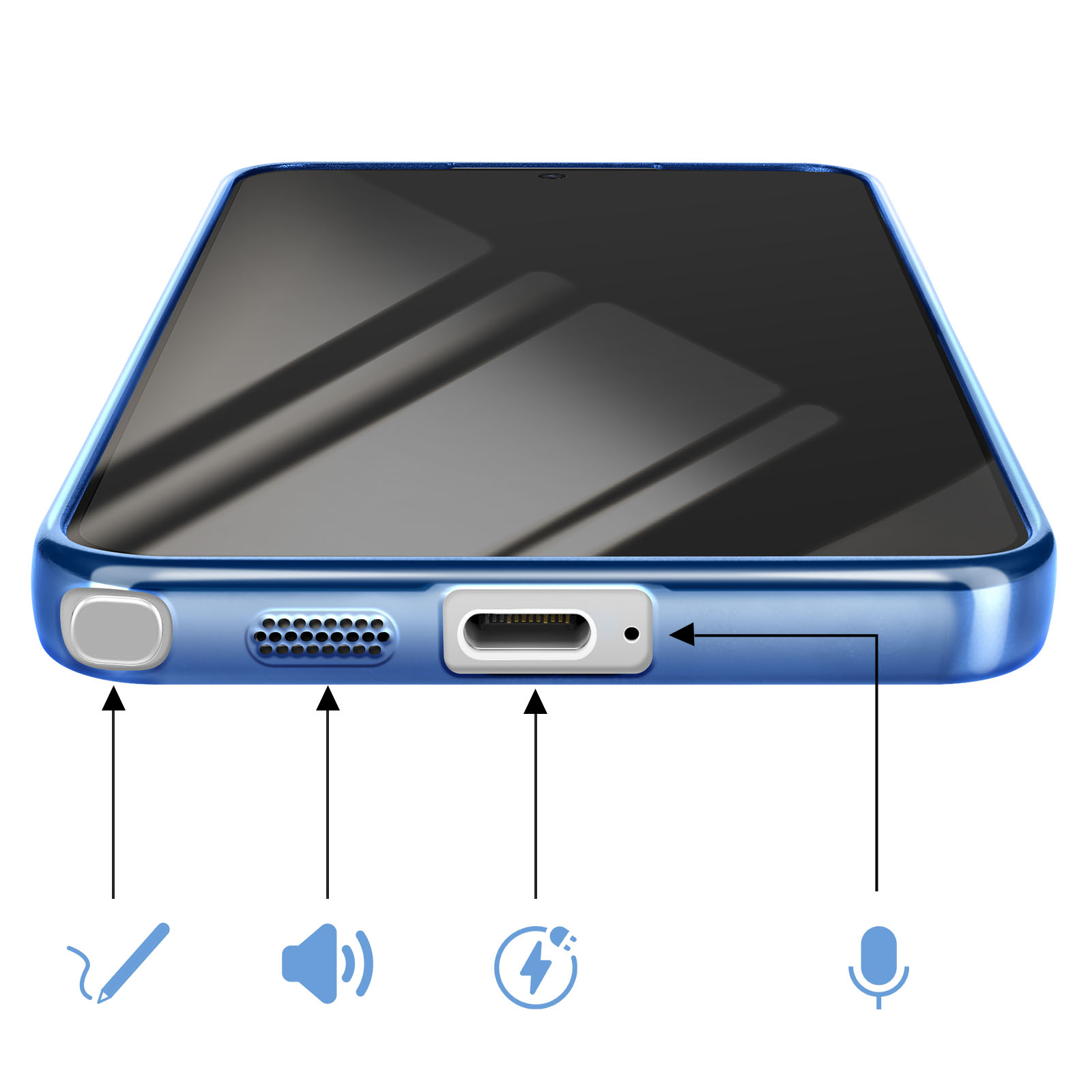 Smartphone bleu avec port de chargement, haut-parleur et microphone.