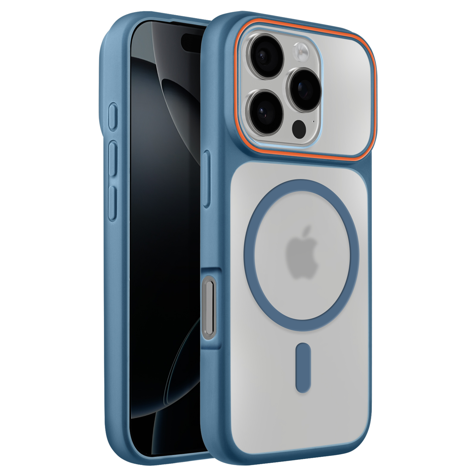 Blauw iPhone hoesje met transparante achterkant, oranje rand en lenzen.
