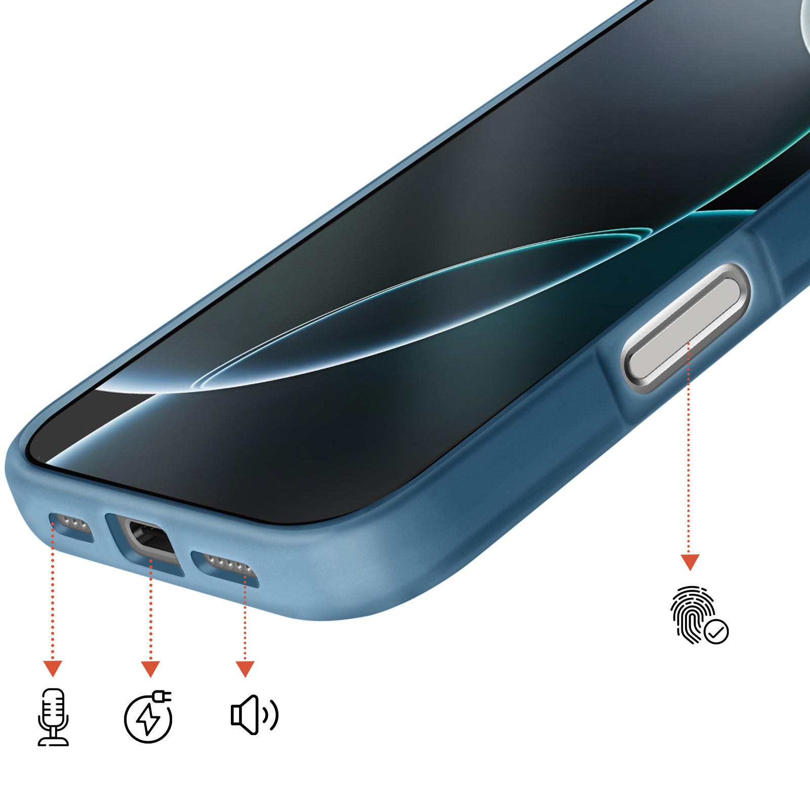 Een blauwe telefoonhoes met pictogrammen voor microfoon, opladen, luidspreker en vingerafdruk.