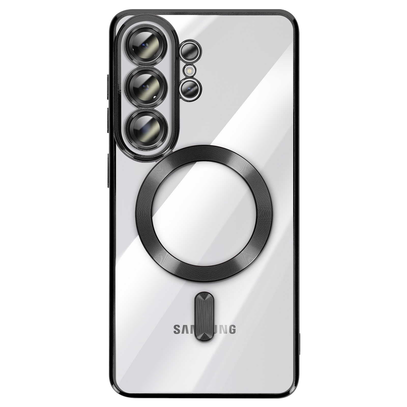 Coque de téléphone transparente avec objectifs de caméra, anneau et logo Samsung.