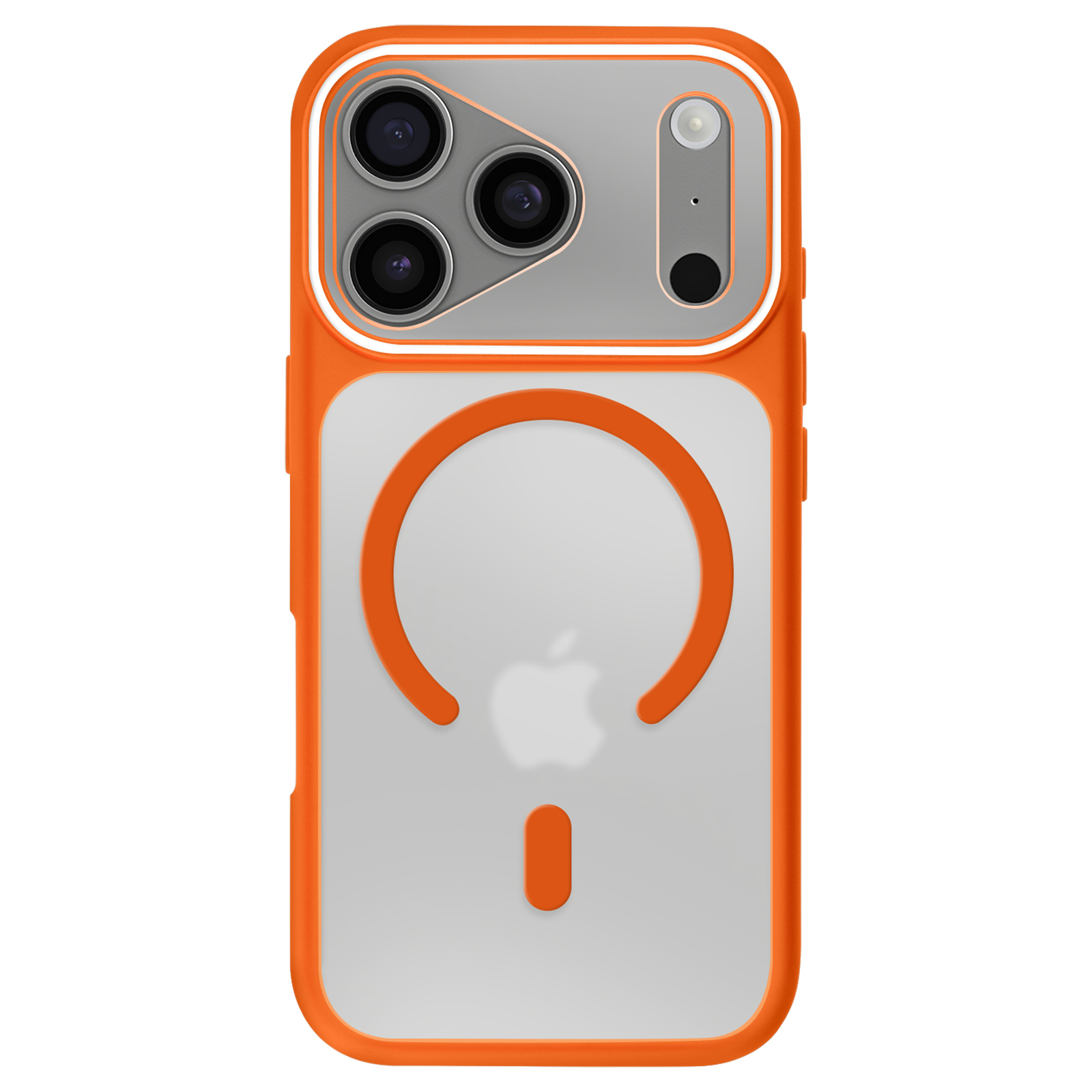Oranje telefoonhoesje met doorzichtig achterkant, camera en Apple logo.