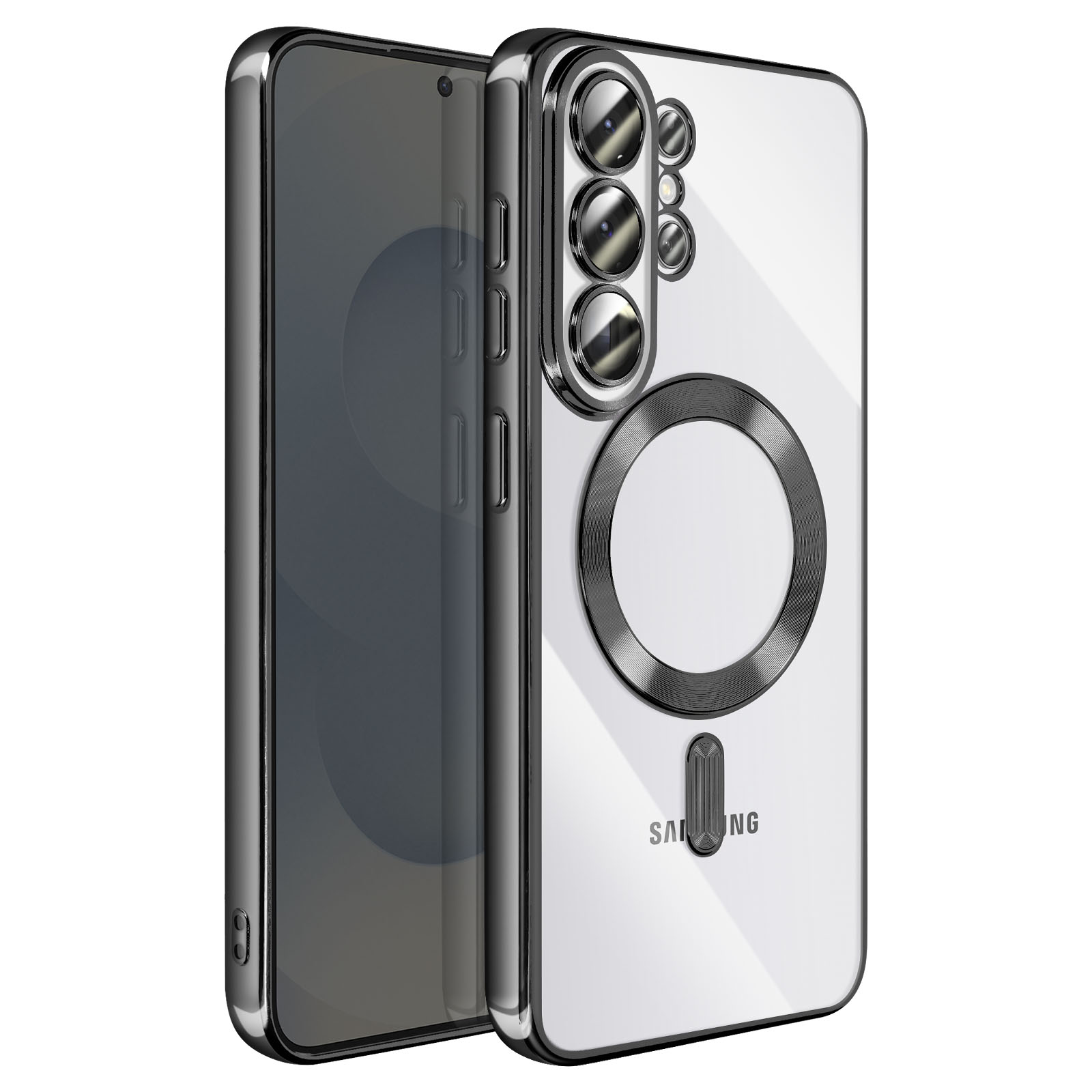 Un smartphone dans un étui avec caméras et anneau magnétique.