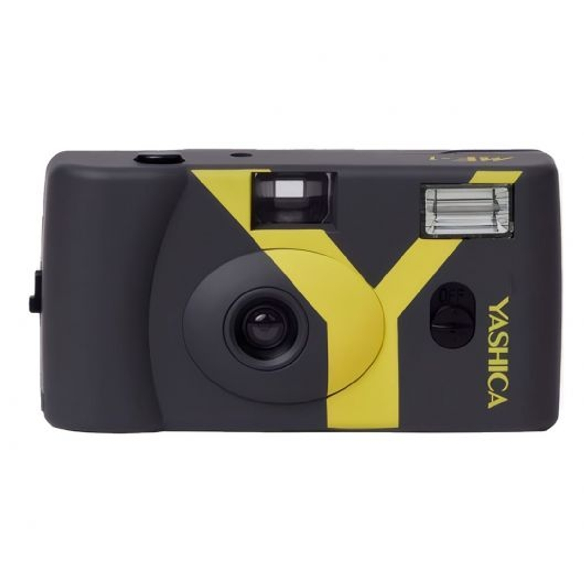 Una fotocamera Yashica nera con design a Y gialla e flash.