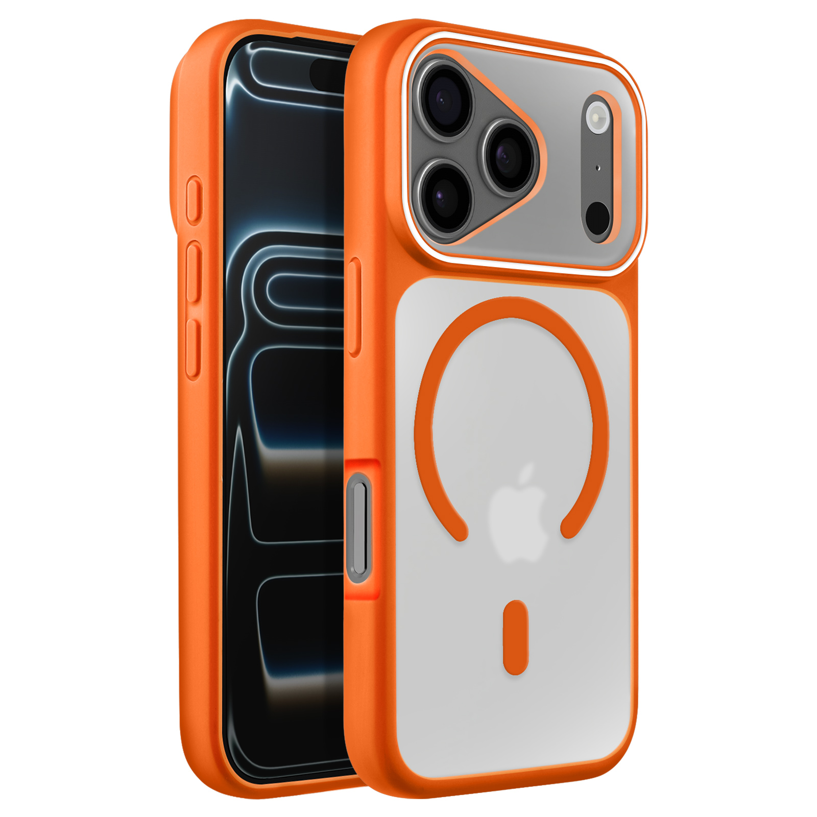 Oranje telefoonhoes met doorzichtig achterpaneel, camera en Apple logo.