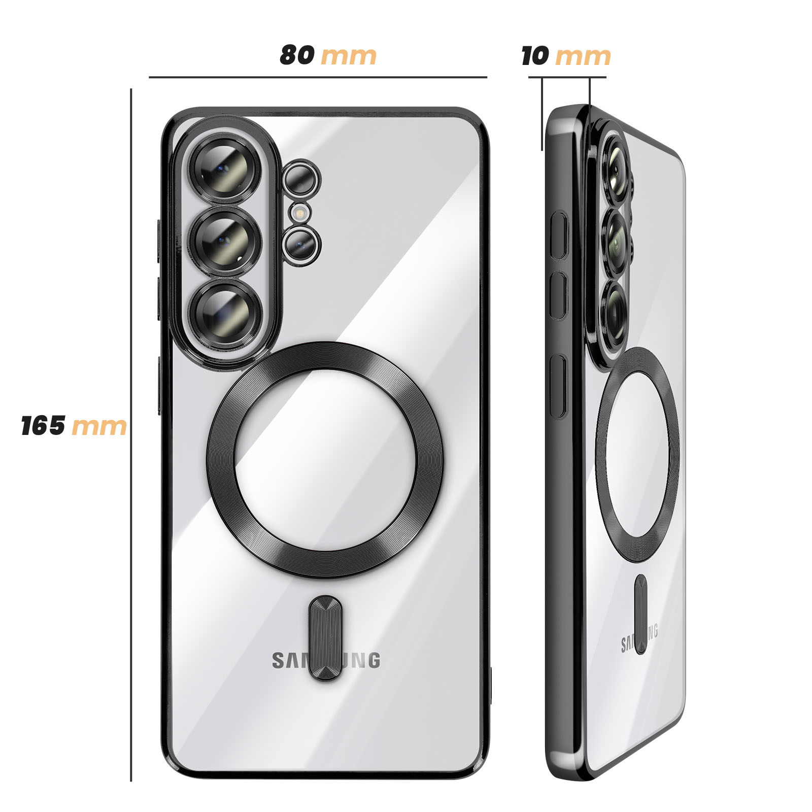 Coque de téléphone transparente avec bloc caméras, anneau magnétique et dimensions.