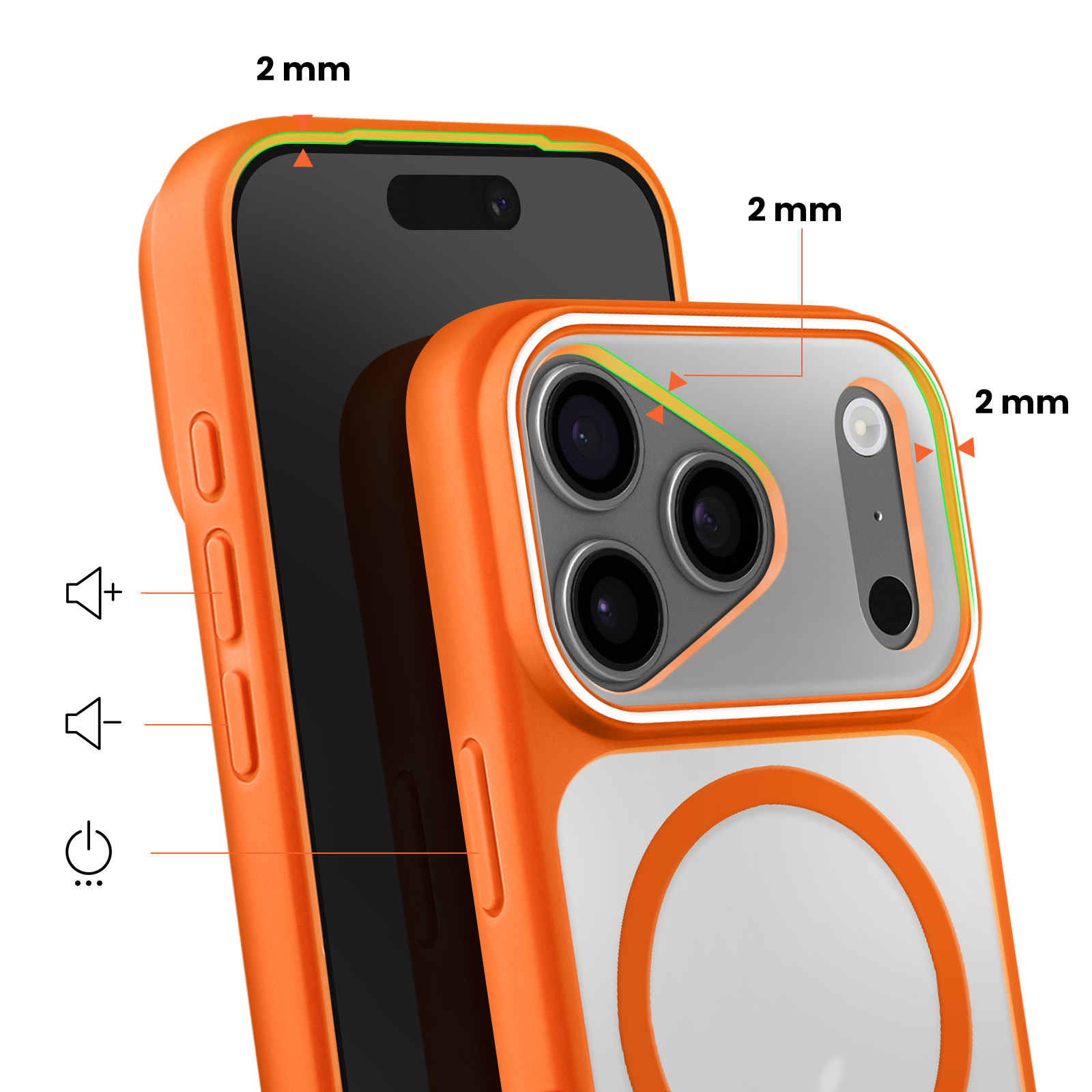 Oranje hoesje met 2mm opstaande randen rond camera en scherm.
