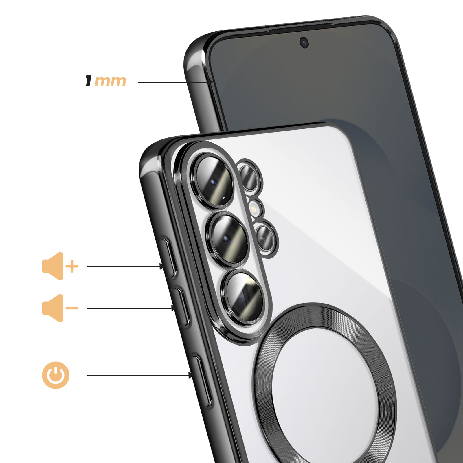 Coque de téléphone transparente avec détails caméra et boutons, bord de 1mm.