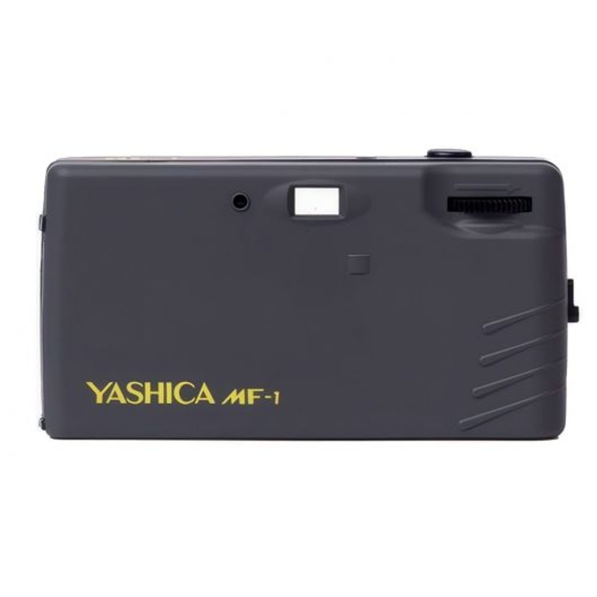 Una fotocamera Yashica MF-1 grigia con scritte gialle su sfondo bianco.