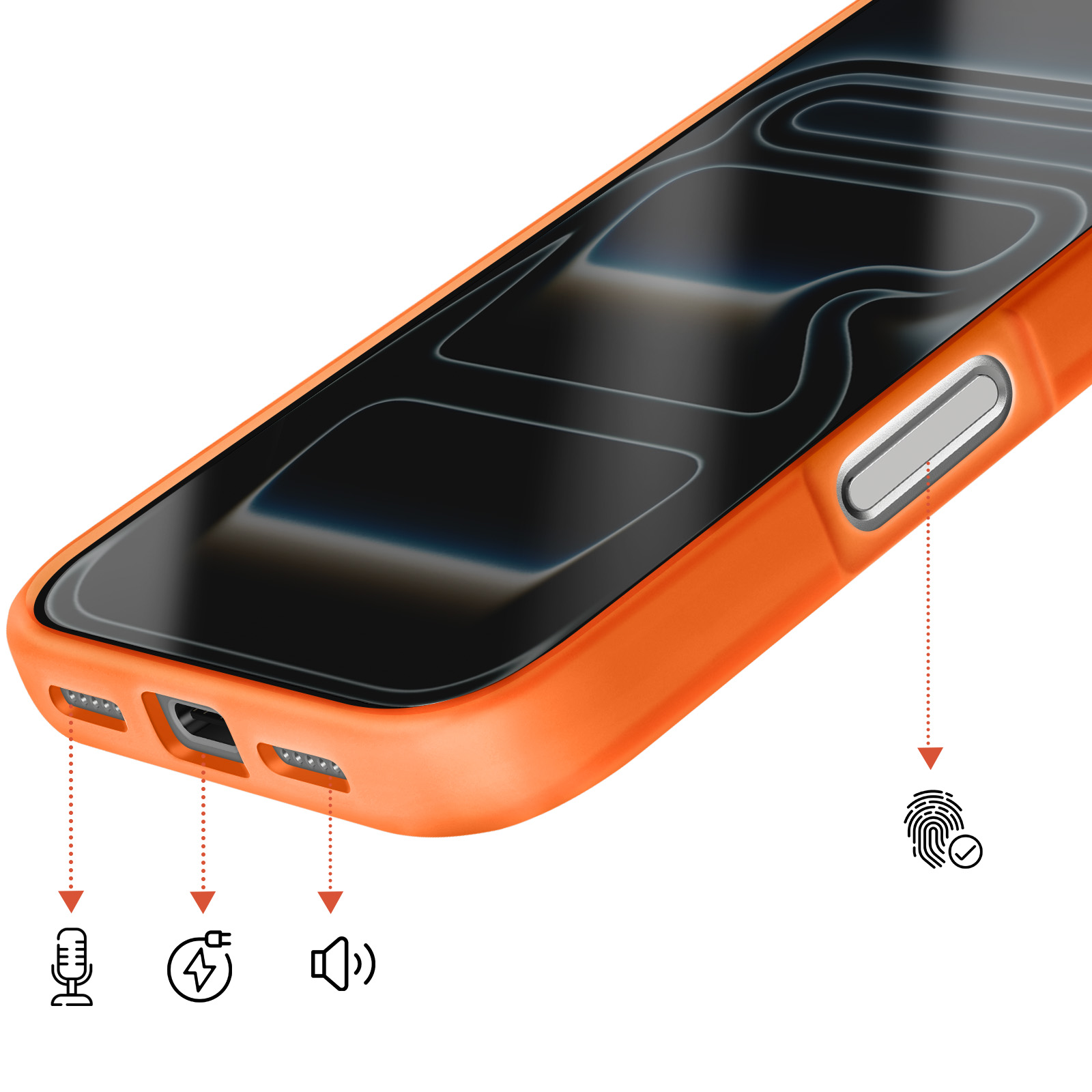 Oranje hoesje met iconen voor microfoon, opladen, luidspreker, vingerafdruk.