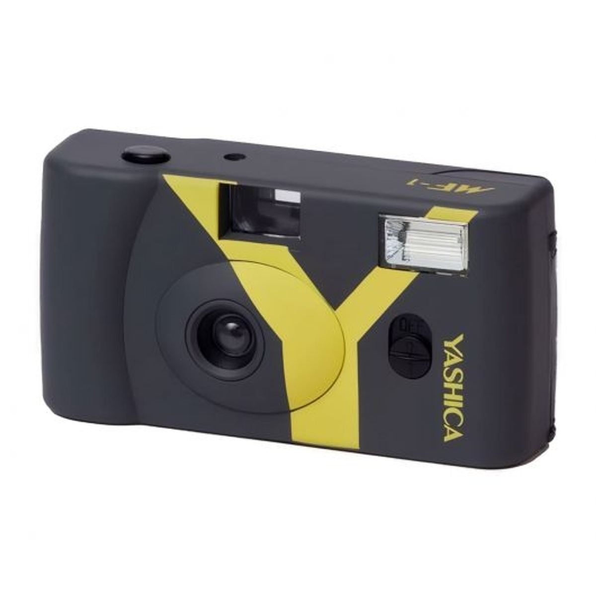 Macchina fotografica Yashica grigia con design a Y gialla e flash.
